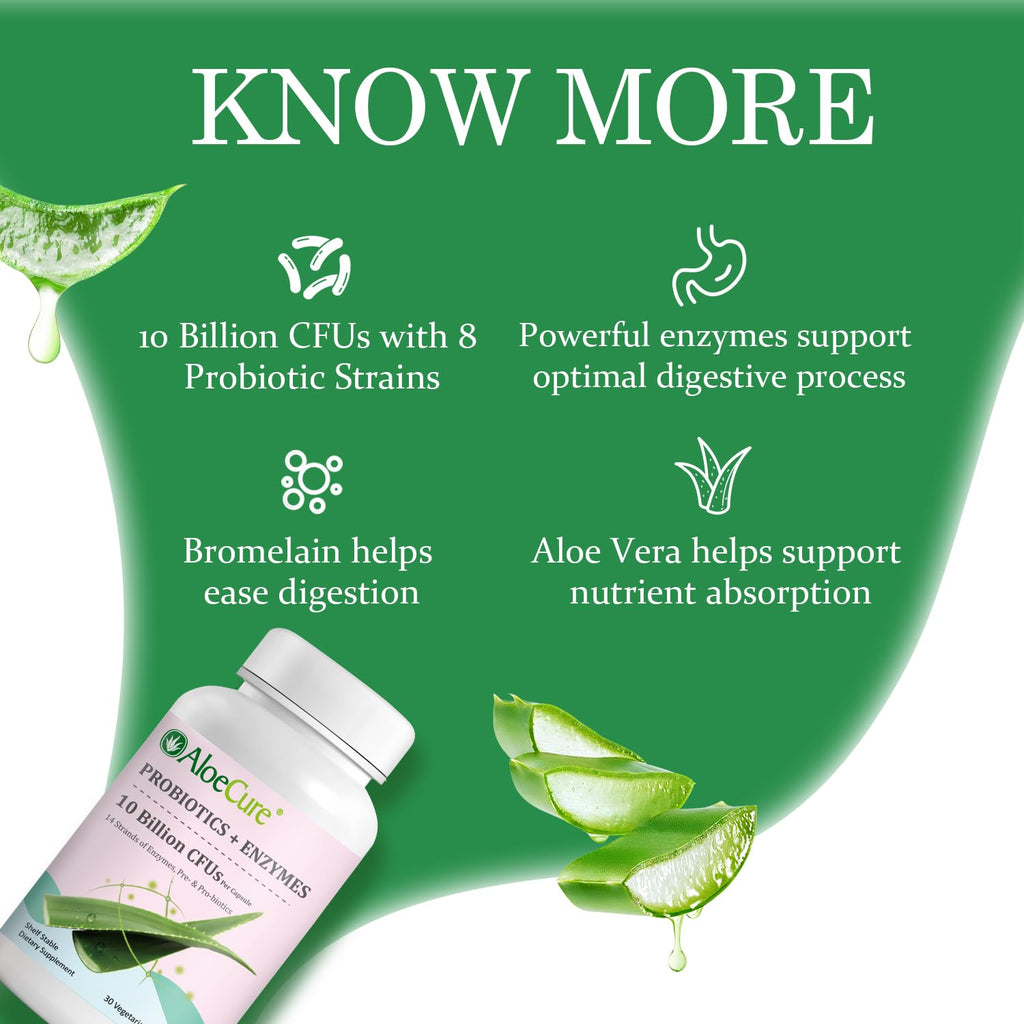 AloeCure Daily Probiotics 10 Billion CFU for Digestive Support 8 Strains, 6 Prebiotics & Enzymes - Digestive Supplement with Bromelain for Women & Men