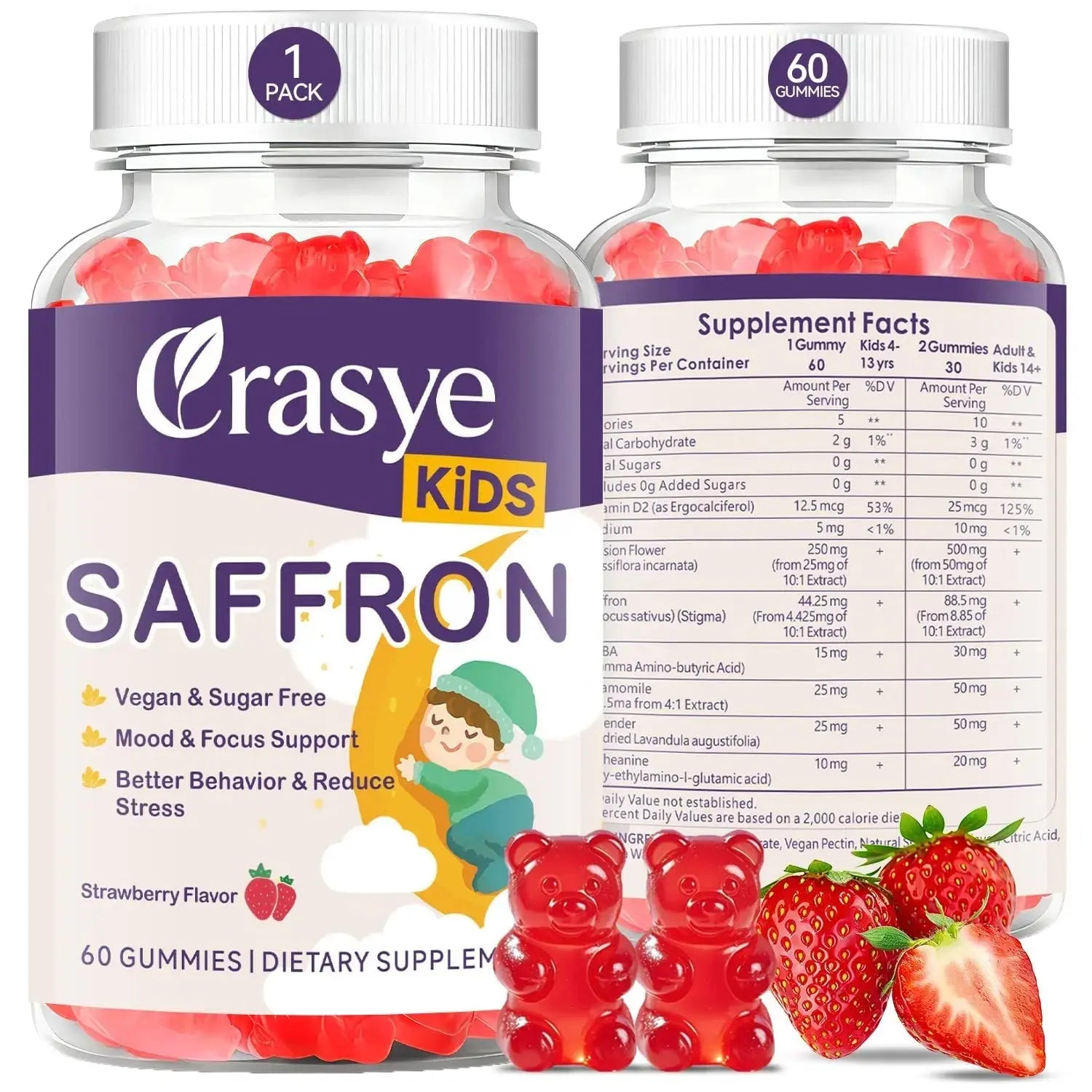 Crasye Saffron Gummies for Kids 100% Pure Organic Saffron Extract Sugar Free Saffron Supplements Gummy for Children Calm Mood & Focus - 60 Gummies Crasye Au supplements