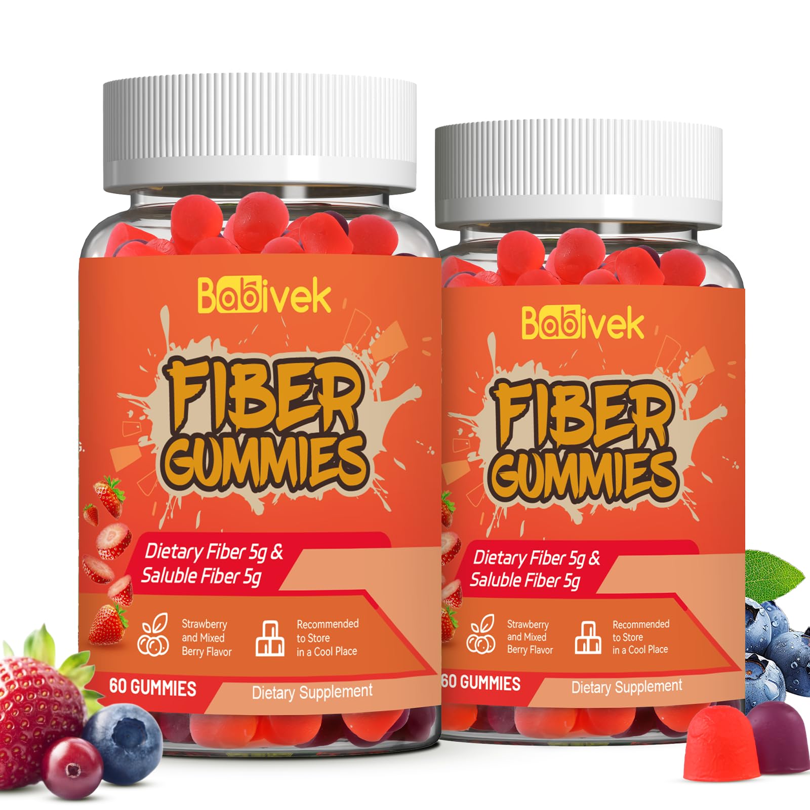Babivek Fiber Gummies for Women and Men – Dietary Fiber, Gut Health Support, Vegan, Non-GMO, Non-Gluten, Mixed Berry & Strawberry Flavors, 60 Count(Pack of 2)