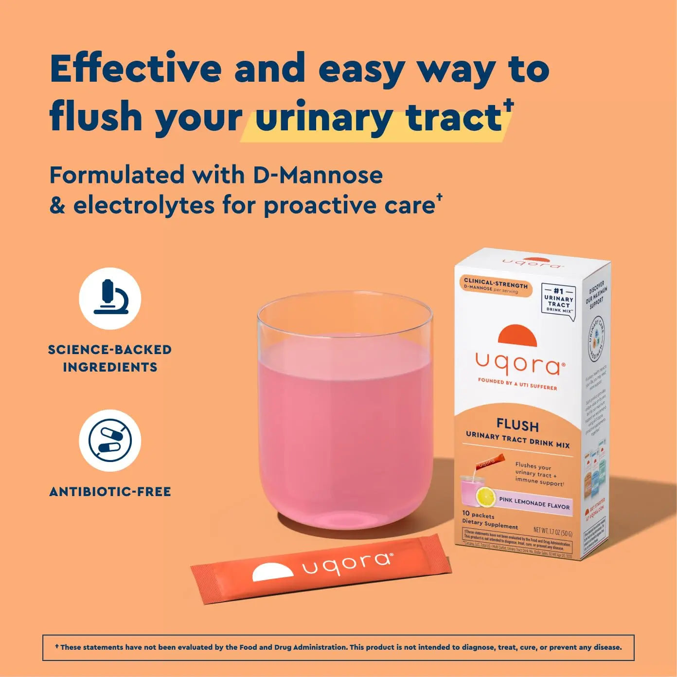 Uqora Flush - Urinary Tract* with D-Mannose, Vitamin C, Vitamin B6, Potassium, Magnesium & Calcium - Gluten-Free & Vegan - Pink Lemonade Flavor - 10 Packets (1 Pack) Uqora Au supplements