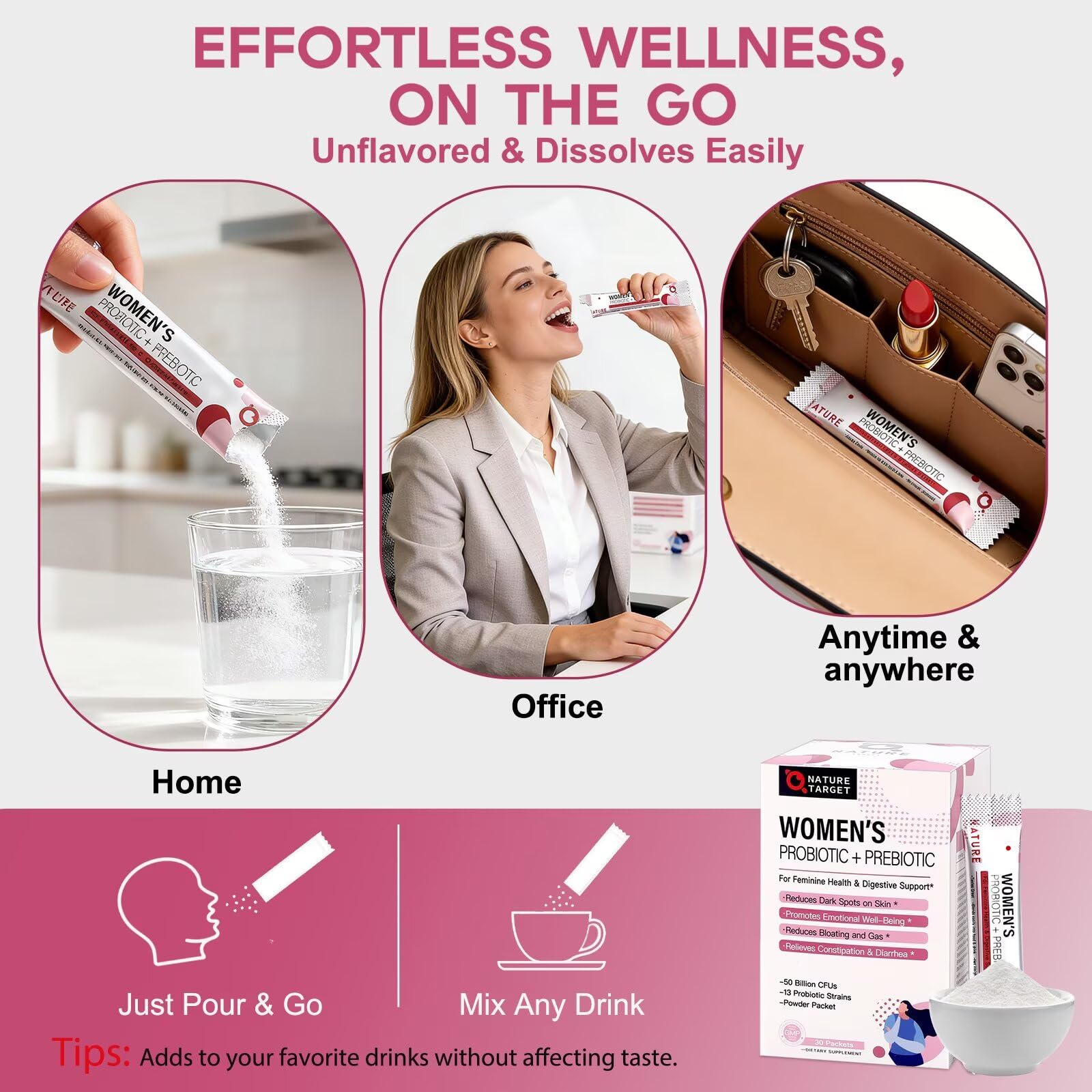 NATURE TARGET Probiotics for Women Probiotic Powder - 50 Billion CFUs, 13 Strains Supports for Digestive Vaginal Health, Bloating Relief, 30 Stick Packs NATURE TARGET Au supplements
