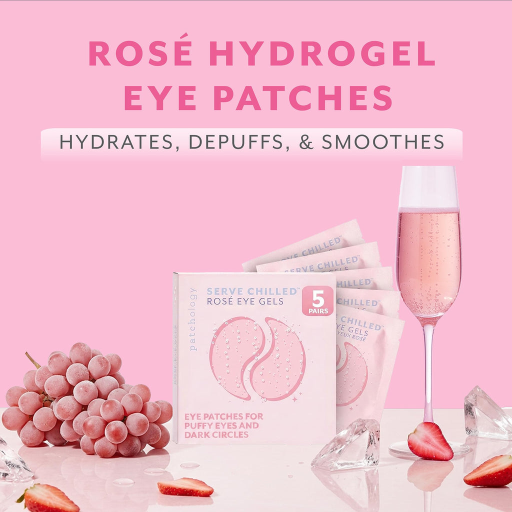 Patchology Serve Chilled Rosé Hydrating Under Eye Patches – Hyaluronic Acid & Antioxidant-Infused Eye Masks to Reduce Dark Circles