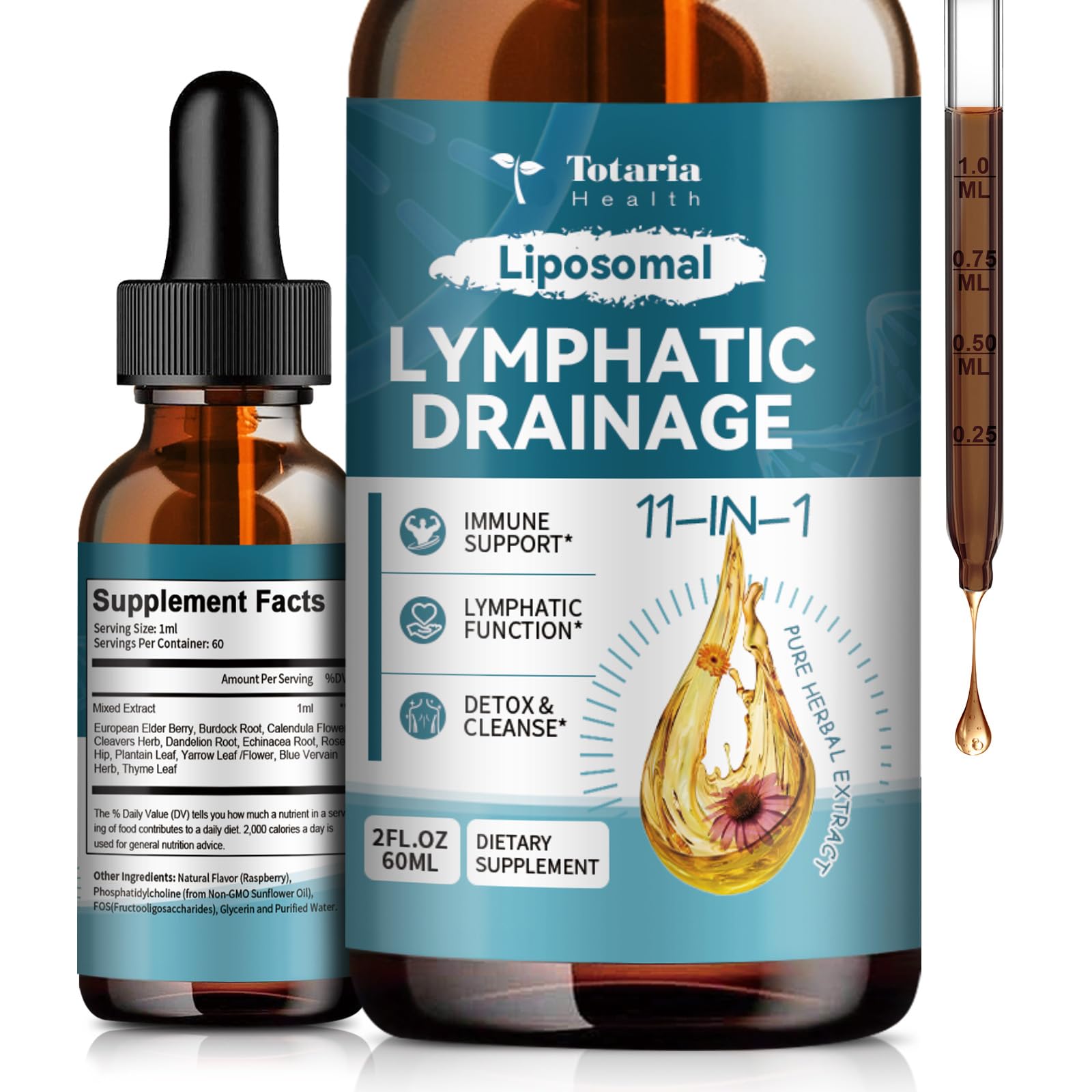 Liposomal Lymphatic Drainage Drops - 11 In 1 Organic Lymphatic Drainage Supplement with Burdock Root, Echinacea, Elderberry, Calendula, Cleavers Herb