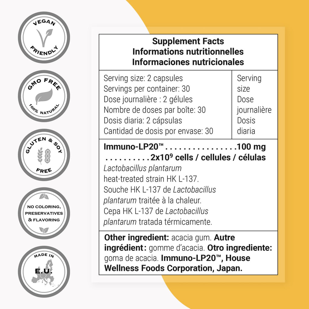 Supersmart - Lactobacillus Plantarum PostBiotic 20 Billion CFU per Day (Immuno-LP20) - Heat-Treated Probiotic Supplement | Non-GMO & Gluten Free - 60 Vegetarian Capsules Supersmart Au supplements