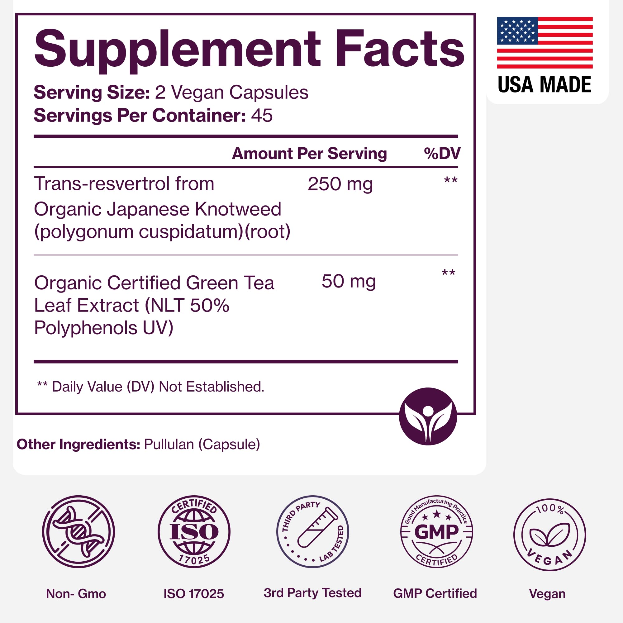 Organic Resveratrol Supplement – Trans-Resveratrol Capsules with Green Tea – Highly Purified & Bioavailable