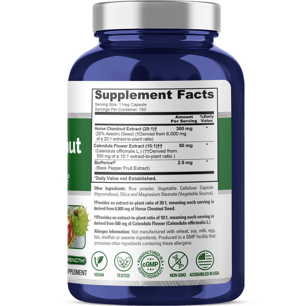 NusaPure Horse Chestnut 20:1 Extract, 300 mg Equivalent to 6,000mg 180 Veggie Caps Non-GMO, Vegan, BioPerine, Calendula Flower NusaPure Au supplements