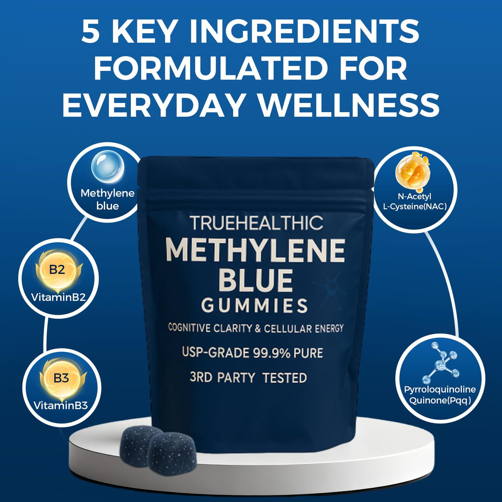 TRUEHEALTHIC Methylene Blue Gummies, for Cognitive Support & Mental Focus, Clean 5mg of Methylene Blue Per Gummy,