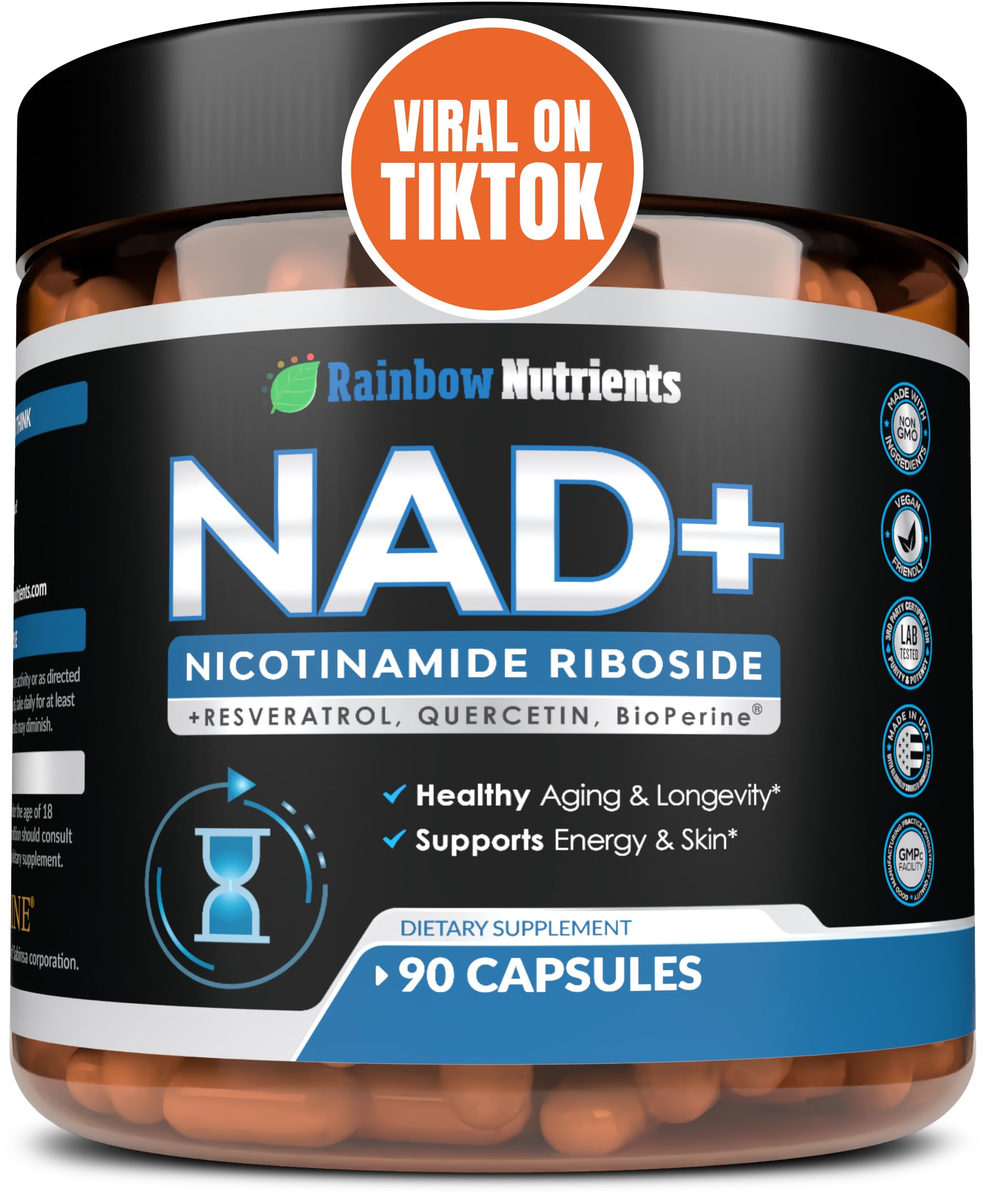 2010 MG NAD+ Supplement- Nicotinamide Riboside, Resveratrol, Quercetin & BioPerine® (High Absorption)- Natural NAD Booster for Anti-Aging, Cellular Energy, Skin- For Women & Men- 90 V Capsules Rainbow Nutrients, LLC Au supplements