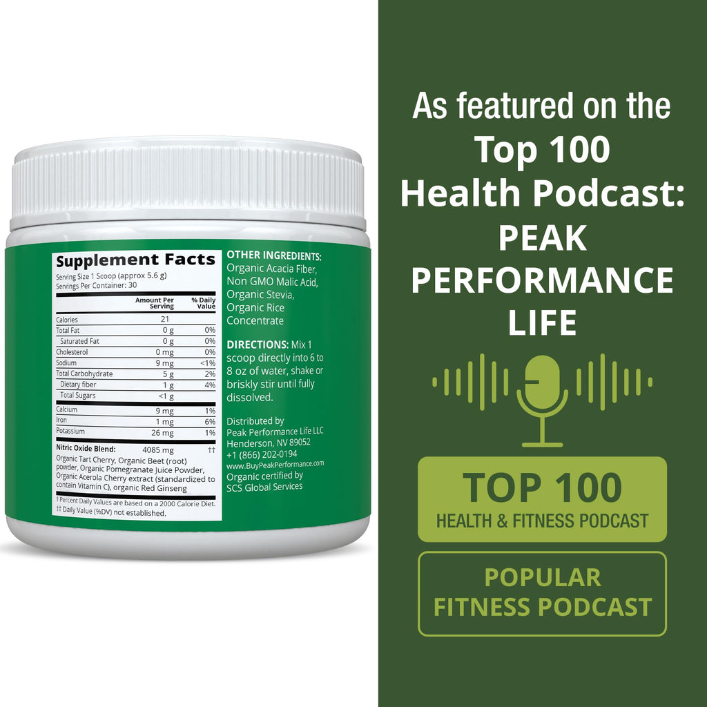 USDA Organic Plant Based Nitric Oxide Booster Powder Supplement for Men & Women. Caffeine Free Supplements 5 Top Organic Ingredients. Beet Root, Tart Cherry, Acerola Cherry, Pomegranate, Red Ginseng Peak Performance Au supplements