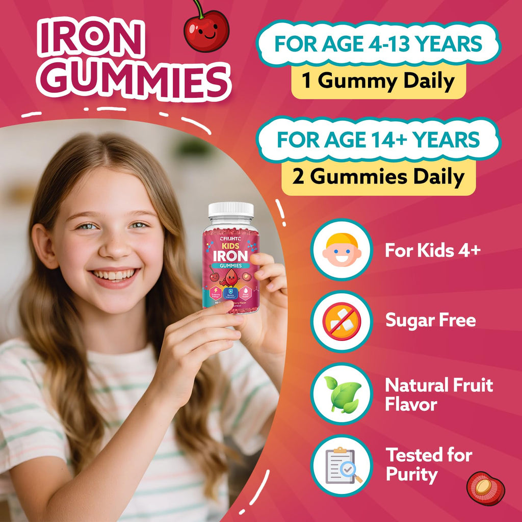 Iron Gummies for Kids & Teens, Kids Multivitamin with Iron Supplement, Calcium, Folate, Zinc, Prebiotic - for Blood Builder & Energy Support, Iron Deficiency - Vegan & Non-GMO - 60 Count Cherry CFILIHTC Au supplements