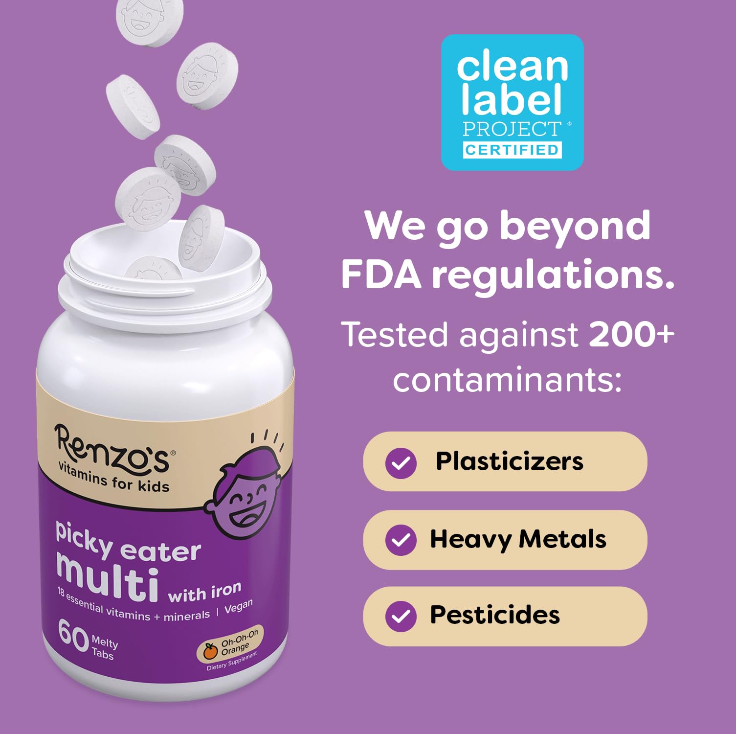 Renzo's Picky Eater Kids Multivitamin with Iron - Dissolvable Kids Vitamins with Iron, Zinc, Vitamin C, Vitamin D, E & K, Sugar-Free Melty Tabs, Cherry Flavor