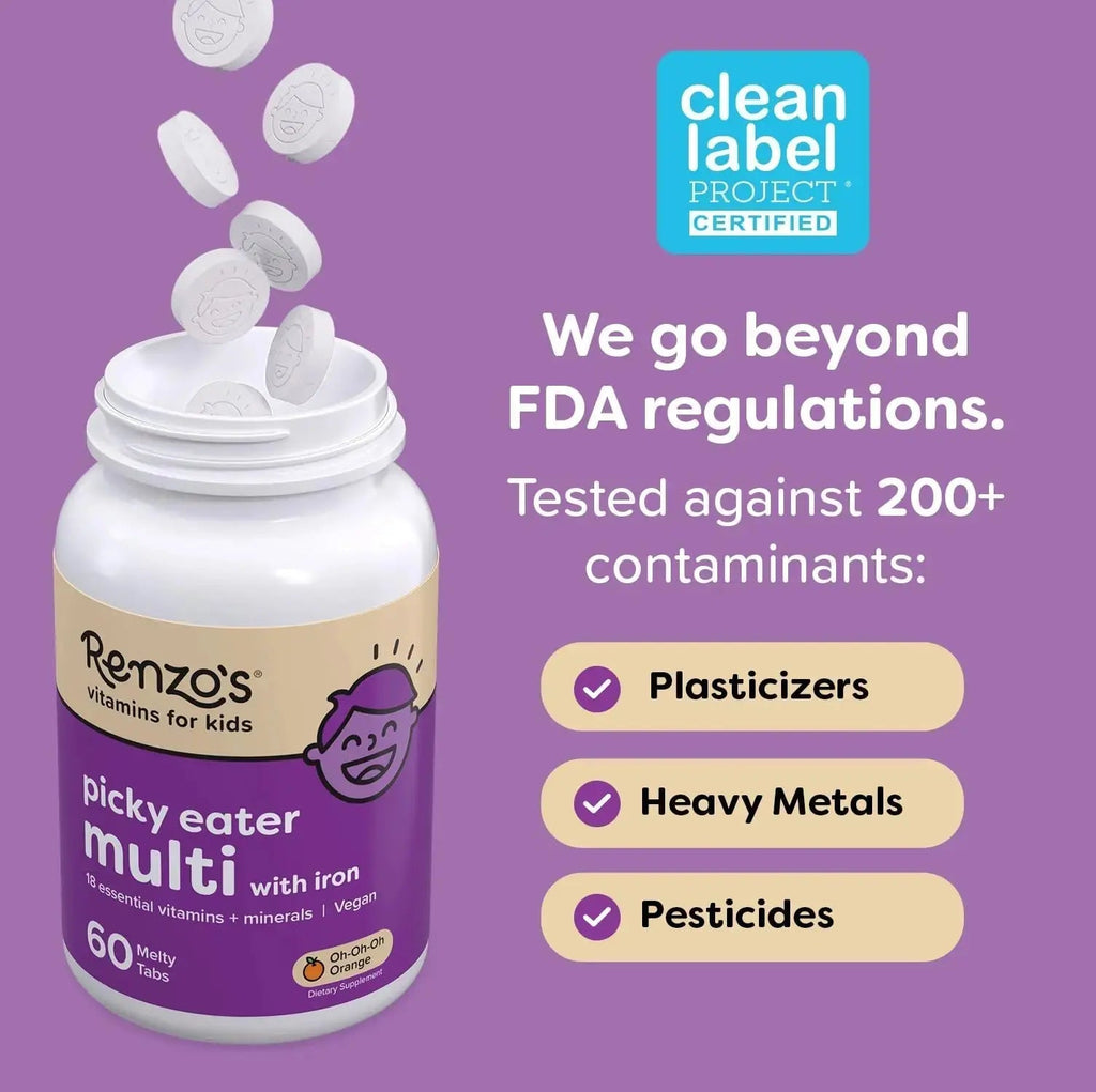 Renzo's Picky Eater Kids Multivitamin with Iron, Dissolving Kids Vitamins with Vitamin D3 and K2 and More, 60 Sugar-Free Melty Tabs Renzo's Au supplements