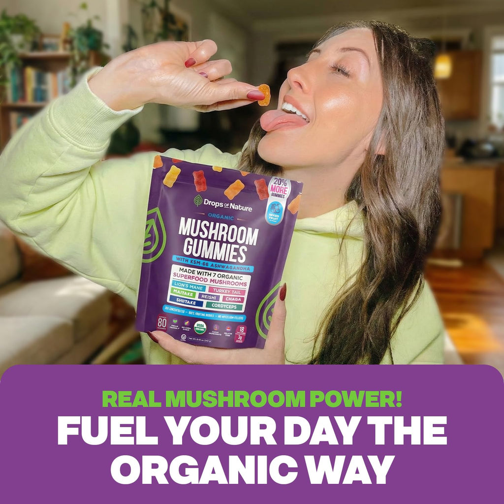 Drops Of Nature Lions Mane & Ashwagandha Gummies – Turkey Tail, Maitake, Reishi, Chaga, Shiitake, Cordyceps – Organic, Low Carb Superfood Gummies
