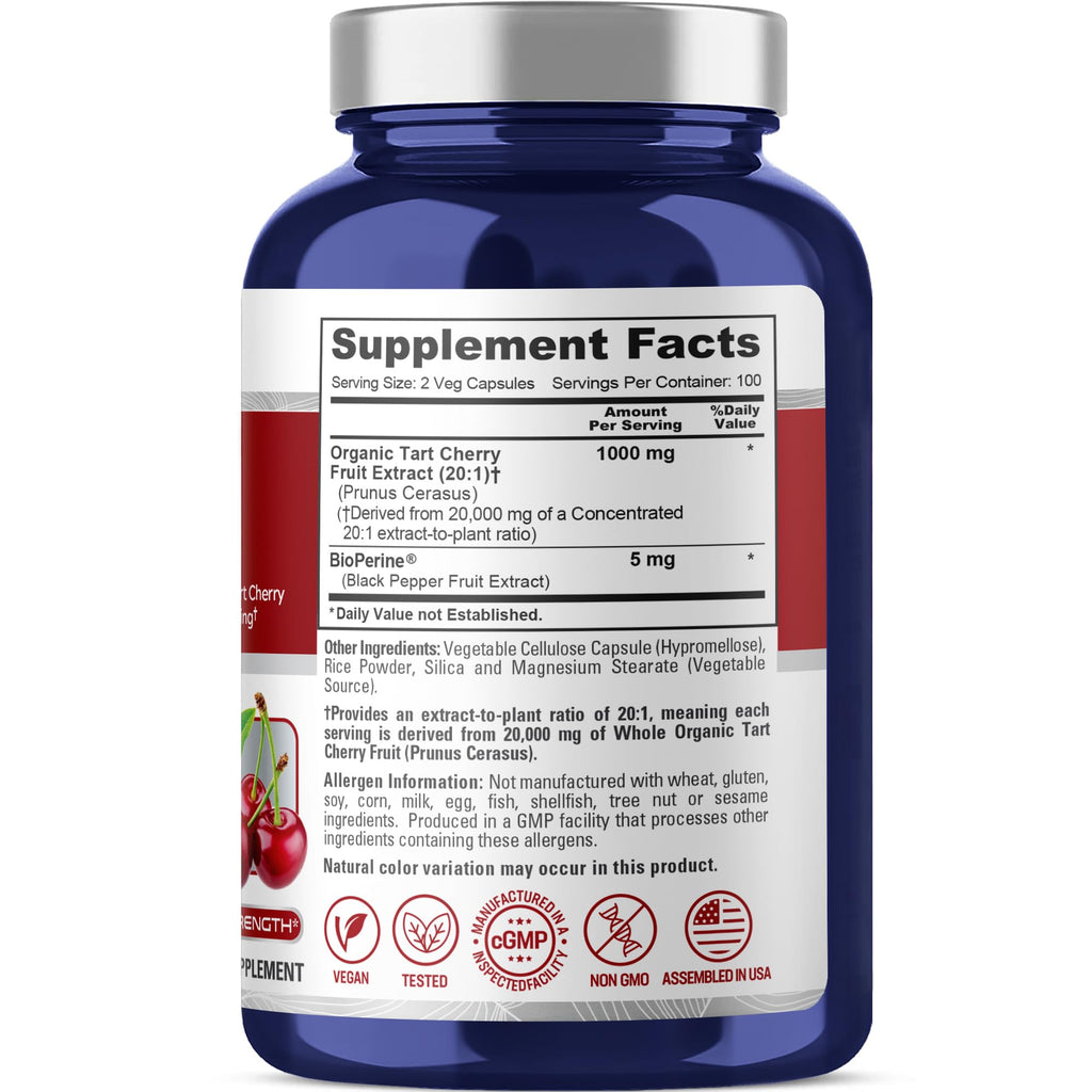 NusaPure Organic Tart Cherry 20:1 Extract, 1000 mg Equivalent to 20,000 mg 200 Veggie Caps (Vegan, Non-GMO) Bioperine NusaPure Au supplements