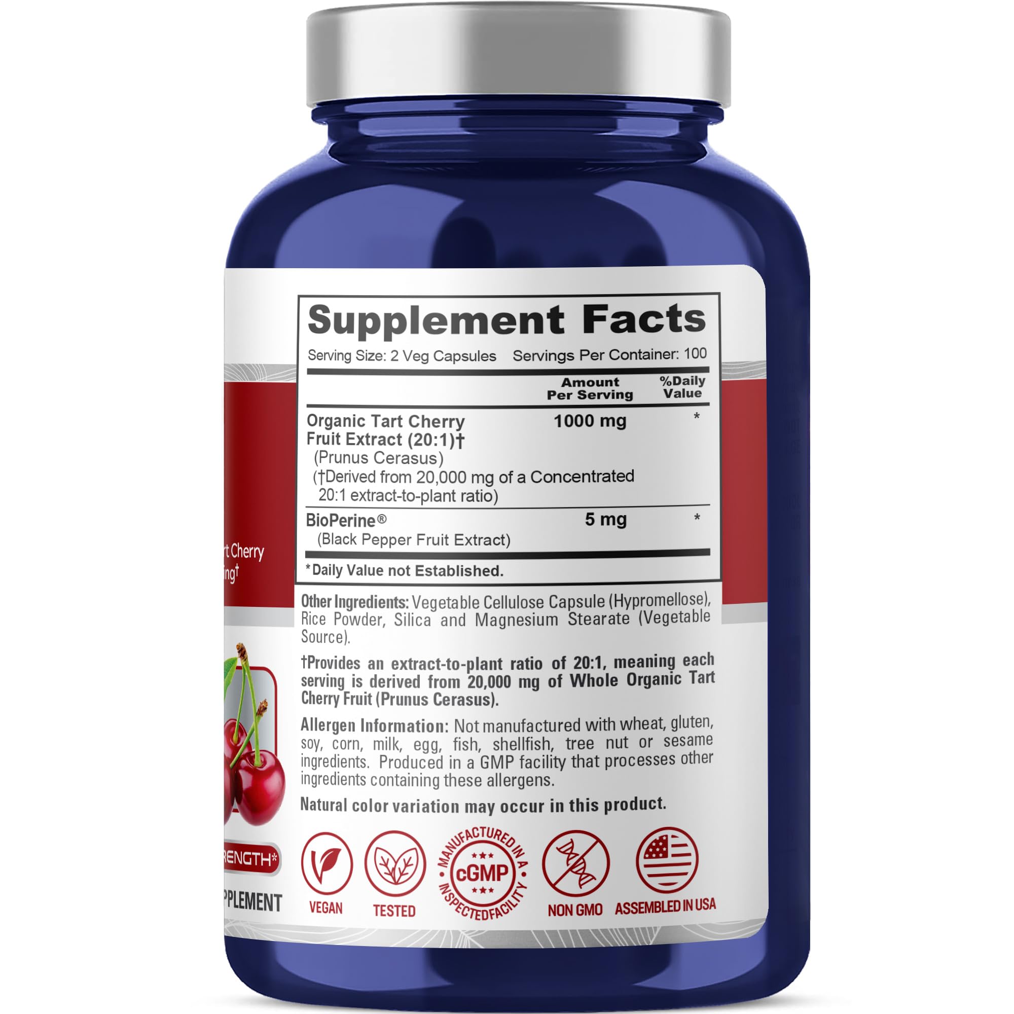 NusaPure Organic Tart Cherry 20:1 Extract, 1000 mg Equivalent to 20,000 mg 200 Veggie Caps (Vegan, Non-GMO) Bioperine NusaPure Au supplements