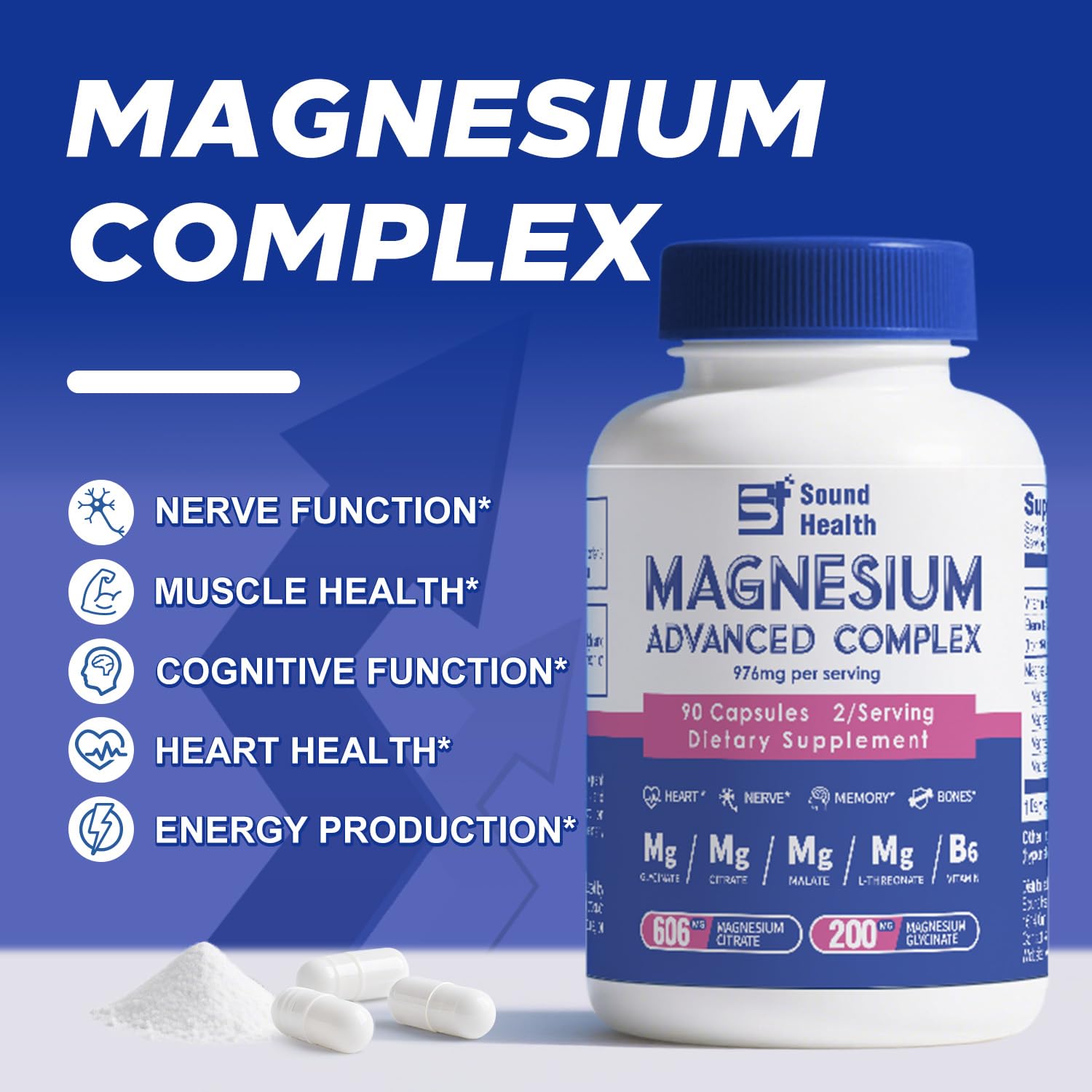 5 in 1 Magnesium Complex Capsule 976mg wtih Magnesium Glycinate, Citrate, Malate, L-Threonate & Vitamin B6, High Absorption Magnesium Complex for Women & Men, Third-Party Tested, Vegan, Non-GMO Sound Health Plus Au supplements