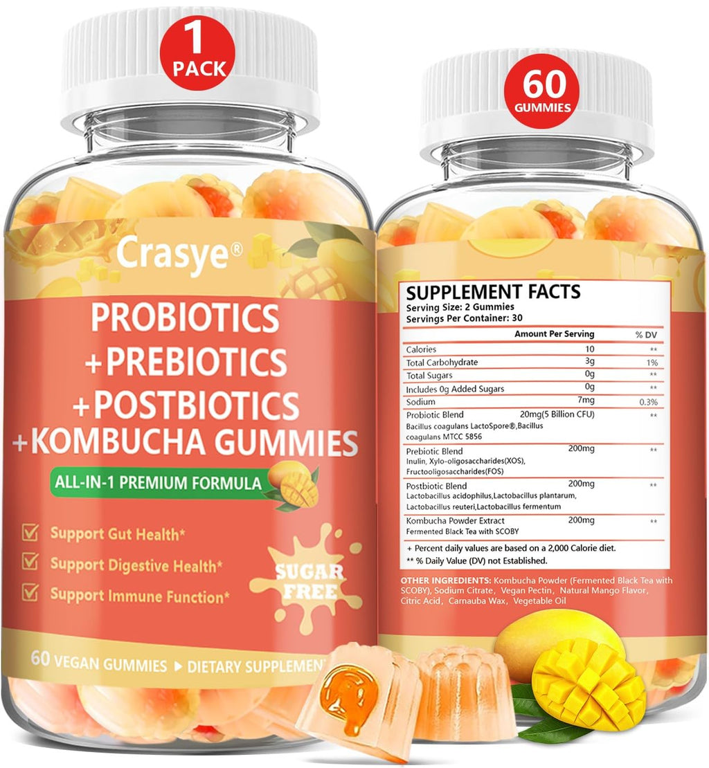 Crasye Probiotic Kombucha Gummies Sugar Free Prebiotic Postbiotic Probiotics Gummy for Women and Men Bloating Gut Health Immune and Digestive Support - 60 Gummies - 30 Servings Crasye Au supplements