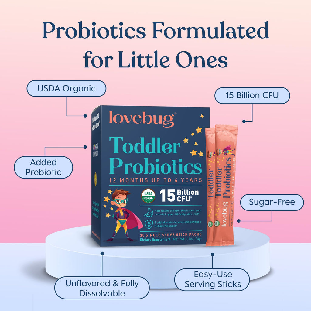 LOVEBUG Kids Probiotic Powder with Prebiotic Fiber - Toddler Immunity Support & Constipation Relief - USDA Organic Probiotics for Childrens Gut & Digestive Health