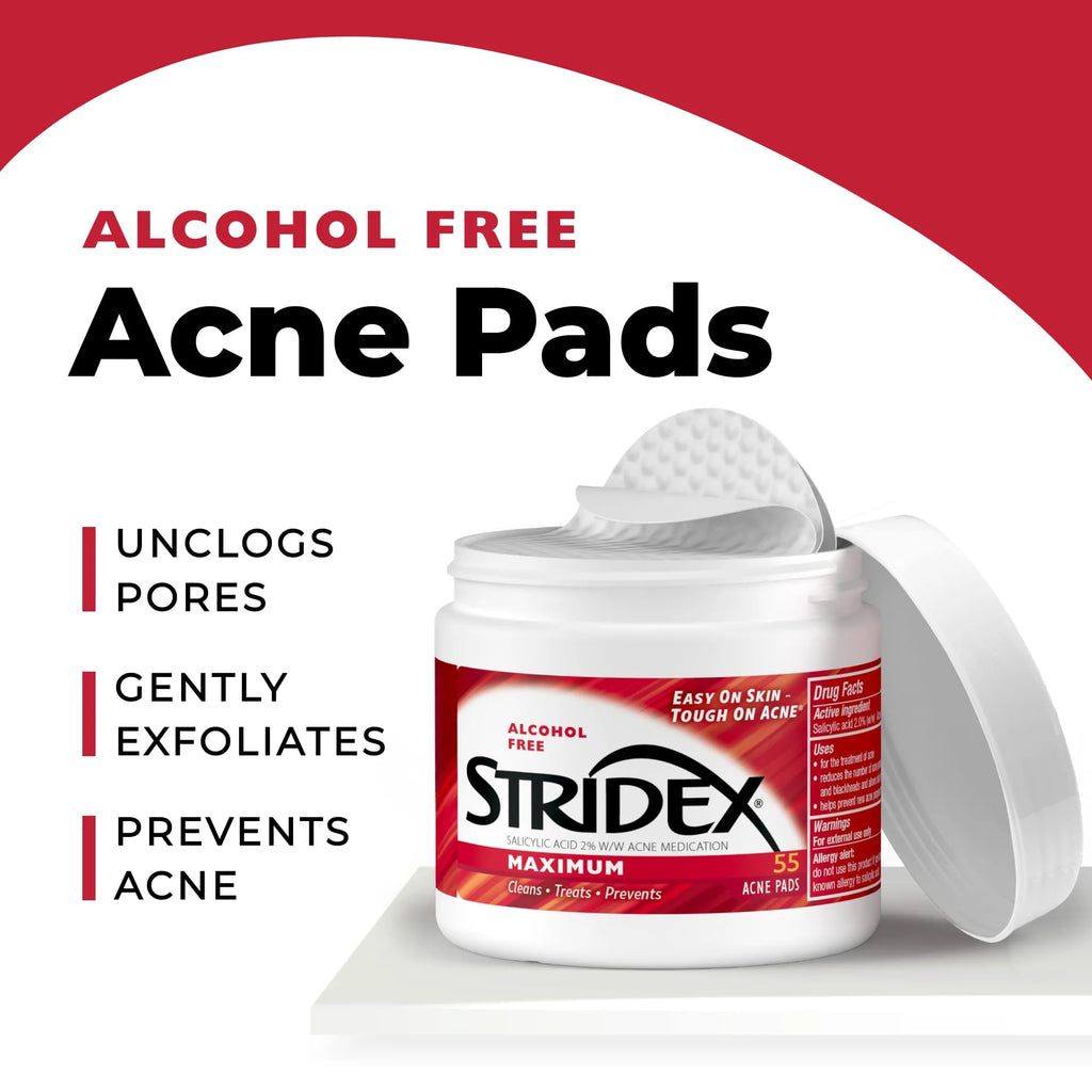 Stridex Medicated Acne Pads, Maximum, 55 Count – Facial Cleansing Wipes, Alcohol Free