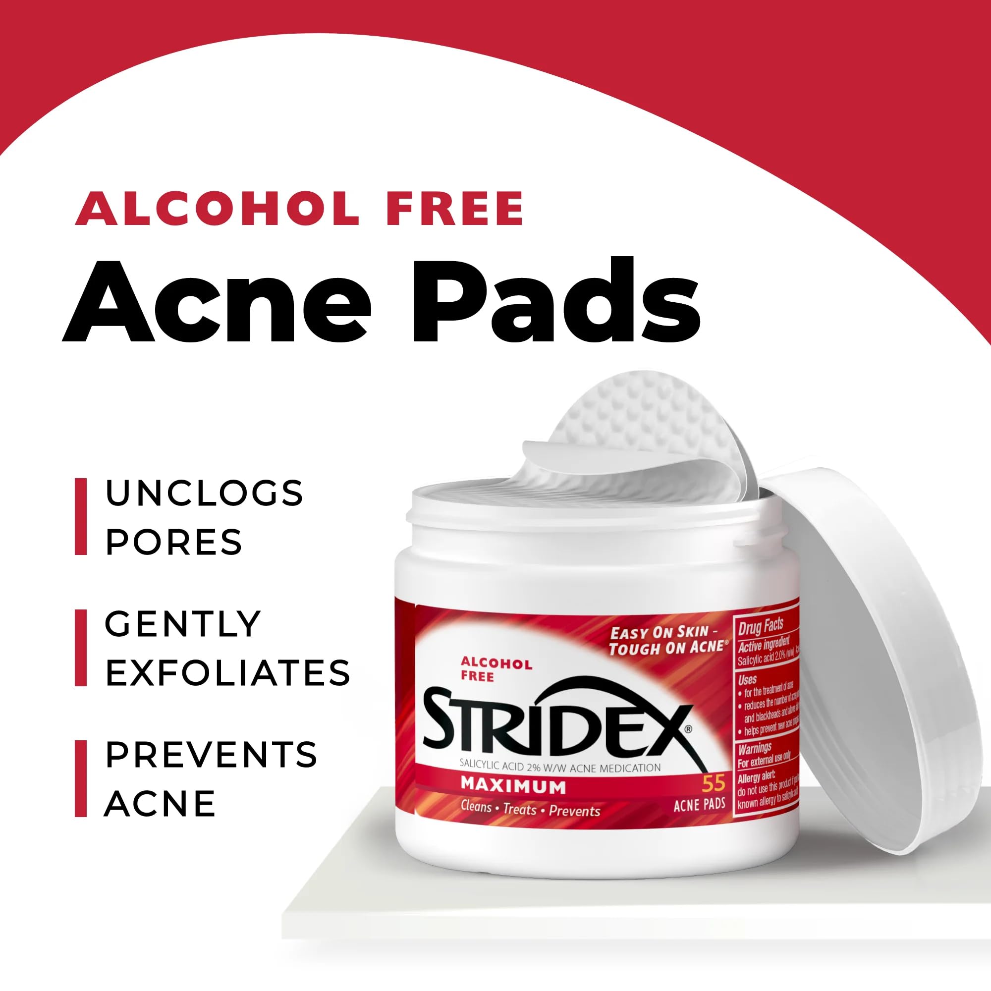 Stridex Medicated Acne Pads, Maximum, 55 Count – Facial Cleansing Wipes, Alcohol Free