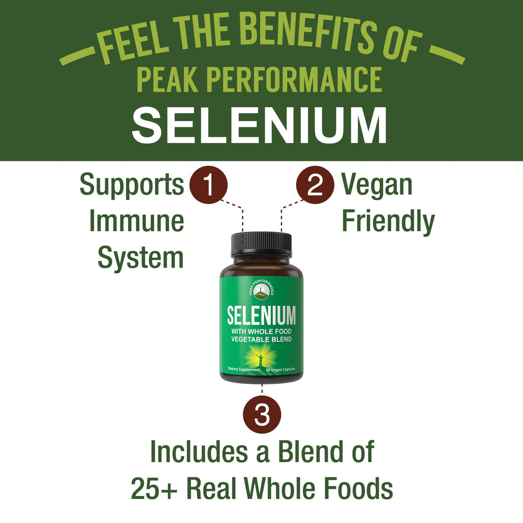 Selenium Supplement with Whole Food Blend of 25+ Vegetables and Fruits for Max Absorption. Pure Selenium Vegan Capsules for Immune System, Thyroid Support, Heart Health, Prostate Support. 30 Pills Peak Performance Au supplements