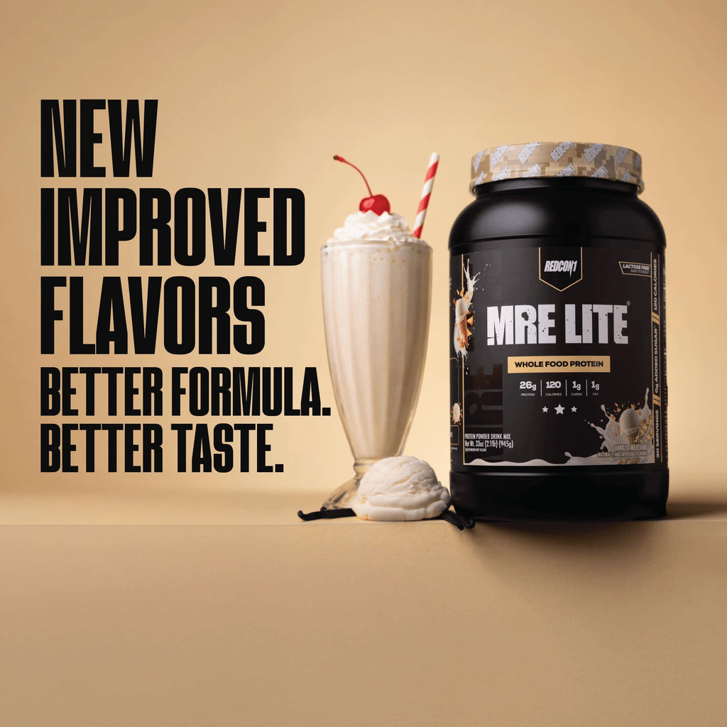 REDCON1 MRE LITE Whole Food Protein Powder, Vanilla Milkshake - Lactose Free & Sugar Free Meal Replacement with Animal Protein Blends - Easy to Digest Formula - Only 1g Carb per Serving (30 Servings)
