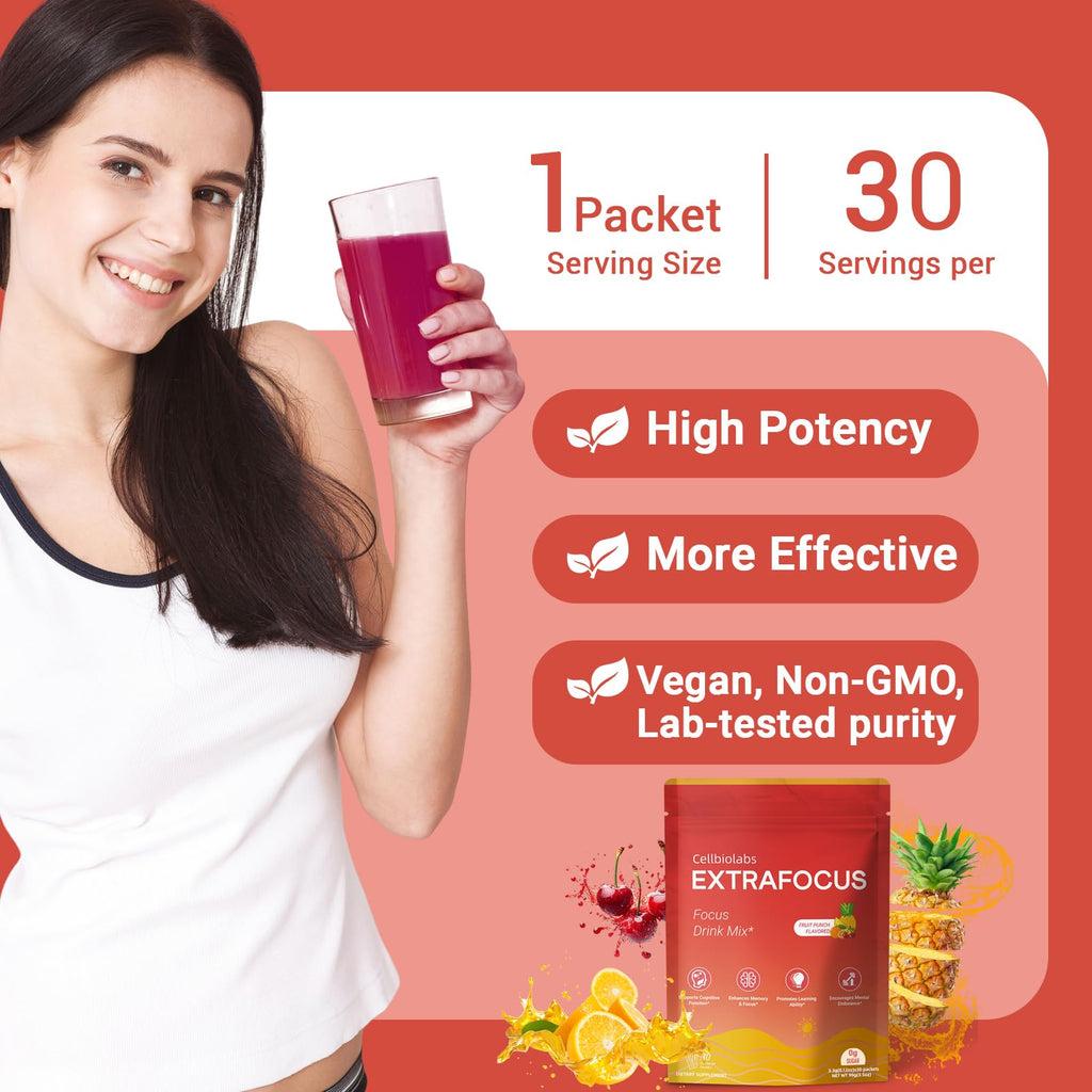 Nootropic Extra Focus Drink Mix, 30 Packs On-The-Go Sticks, Featuring Alpha-GPC, Lion's Mane & Rhodiola, Sugar-Free Packets Fruit Punch Clean Drink Mix Cellbiolabs Au supplements
