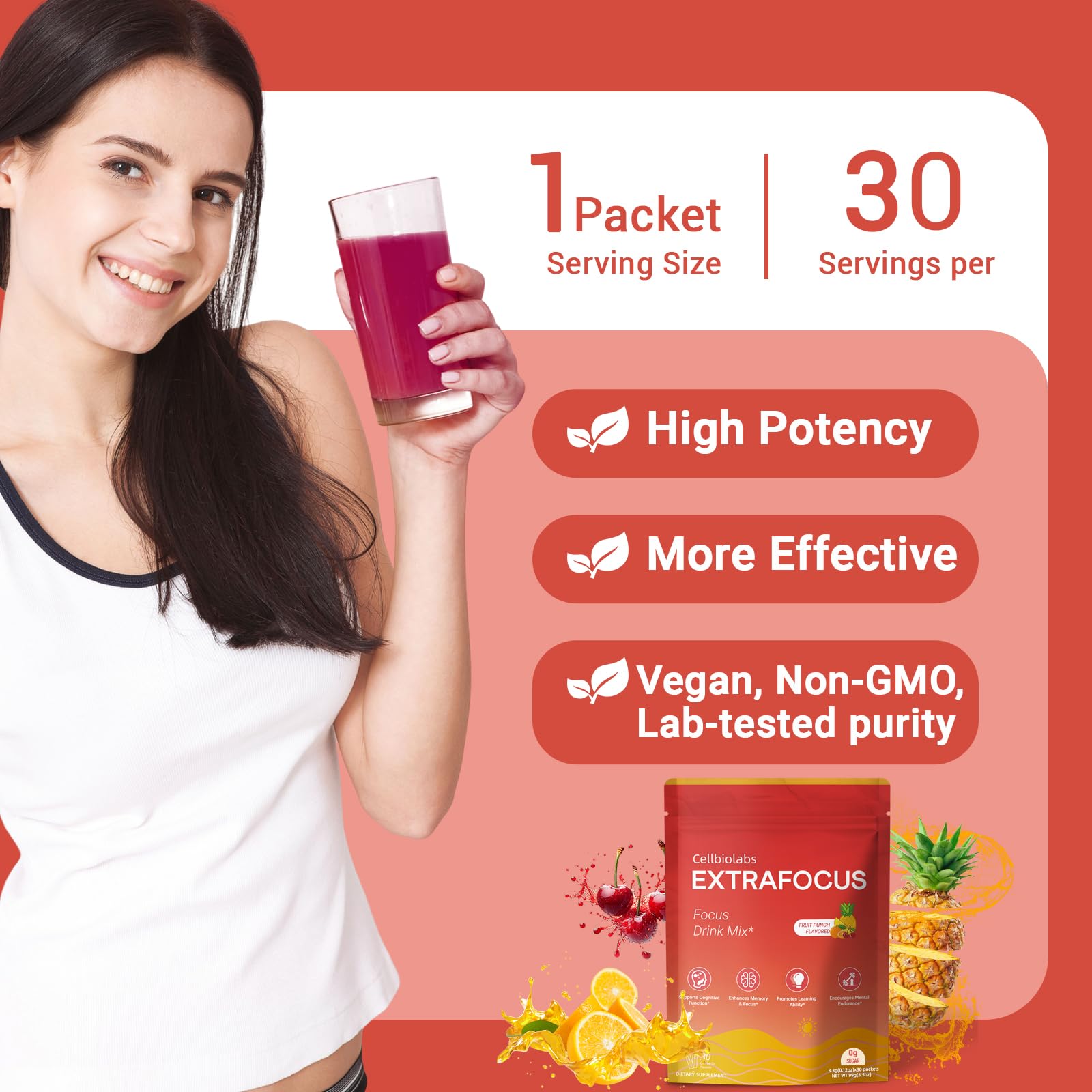 Nootropic Extra Focus Drink Mix, 30 Packs On-The-Go Sticks, Featuring Alpha-GPC, Lion's Mane & Rhodiola, Sugar-Free Packets Fruit Punch Clean Drink Mix Cellbiolabs Au supplements