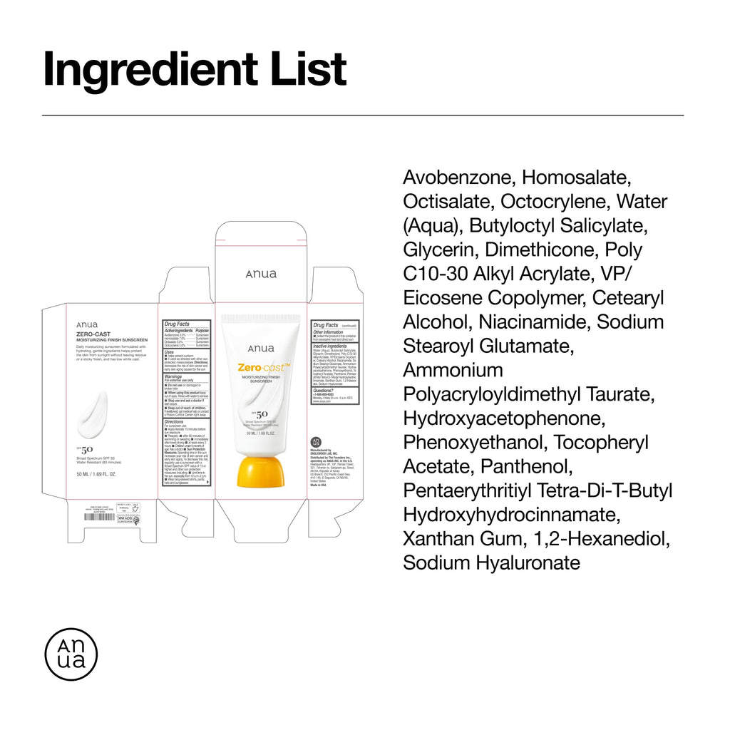 Anua, Zero-Cast Moisturizing Sunscreen SPF 50, Glow Natural Sunscreen for face, No White