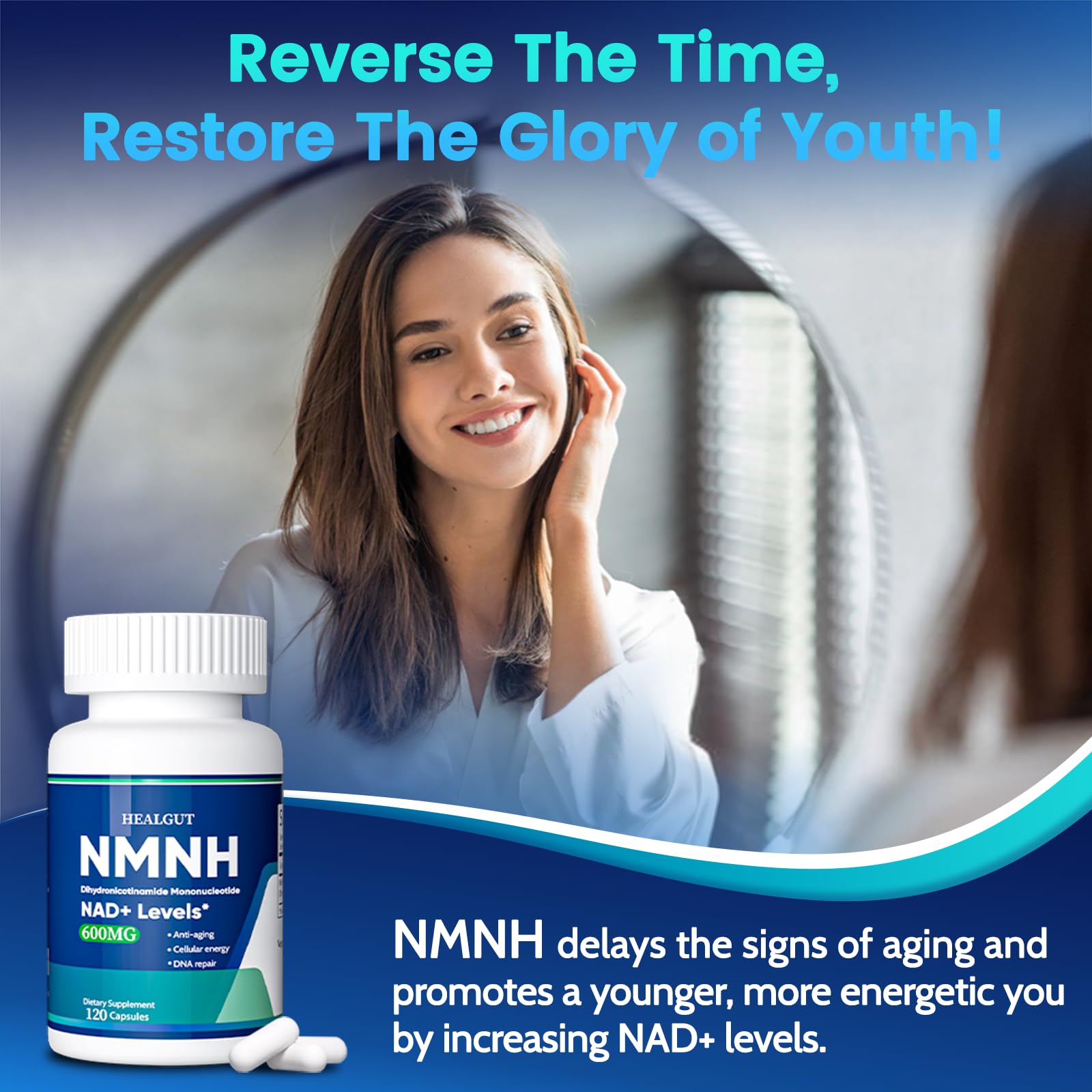 Pure NMNH(NMN Supplement Alternative)(Dihydronicotinamide Mononucleotide)for Women with Skin Aging 600mg: NAD Supplement for Anti-Aging Breakthrough - Boost NAD+ levels Liposome Capsules 120 Servings HEALGUT Au supplements