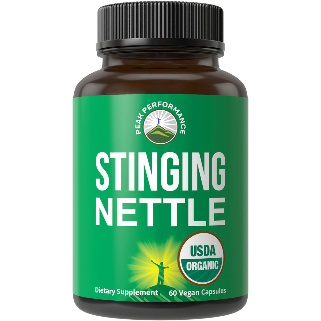 USDA Organic Stinging Nettle Vegan Capsules Made with Stinging Nettle Leaf Powder for Prostate, Hair Growth, Allergy. Better Than Root or Seed Extract. Plant Based Herb Supplement Tablets, 60 Pills Peak Performance Au supplements