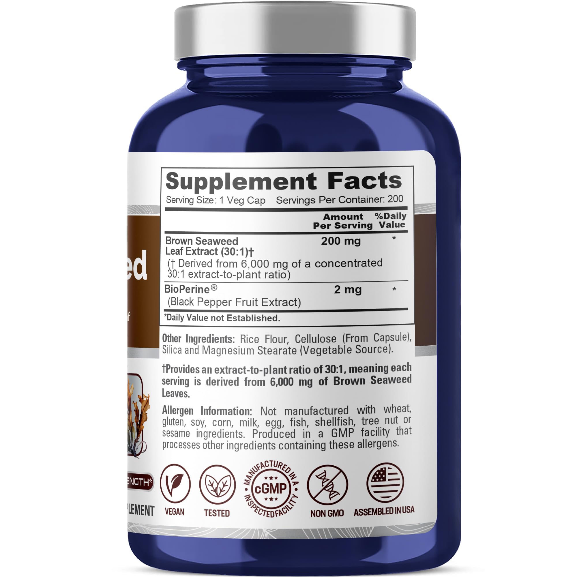 NusaPure Brown Seaweed 30:1 Extract, 200 mg Equivalent to 6,000 mg 200 Veggie Capsules - (Vegan, Non-GMO Bioperine) NusaPure Au supplements