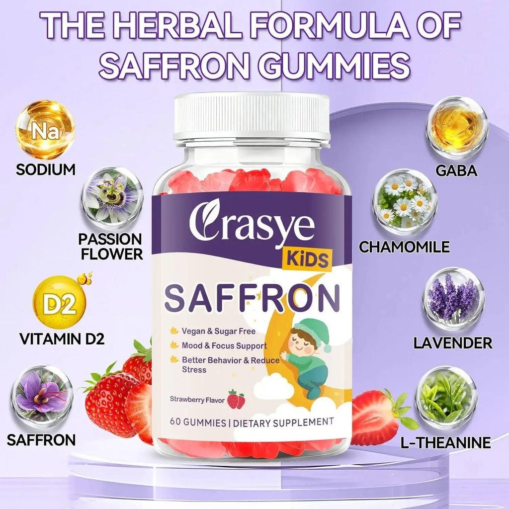 Crasye Saffron Gummies for Kids 100% Pure Organic Saffron Extract Sugar Free Saffron Supplements Gummy for Children Calm Mood & Focus - 60 Gummies Crasye Au supplements