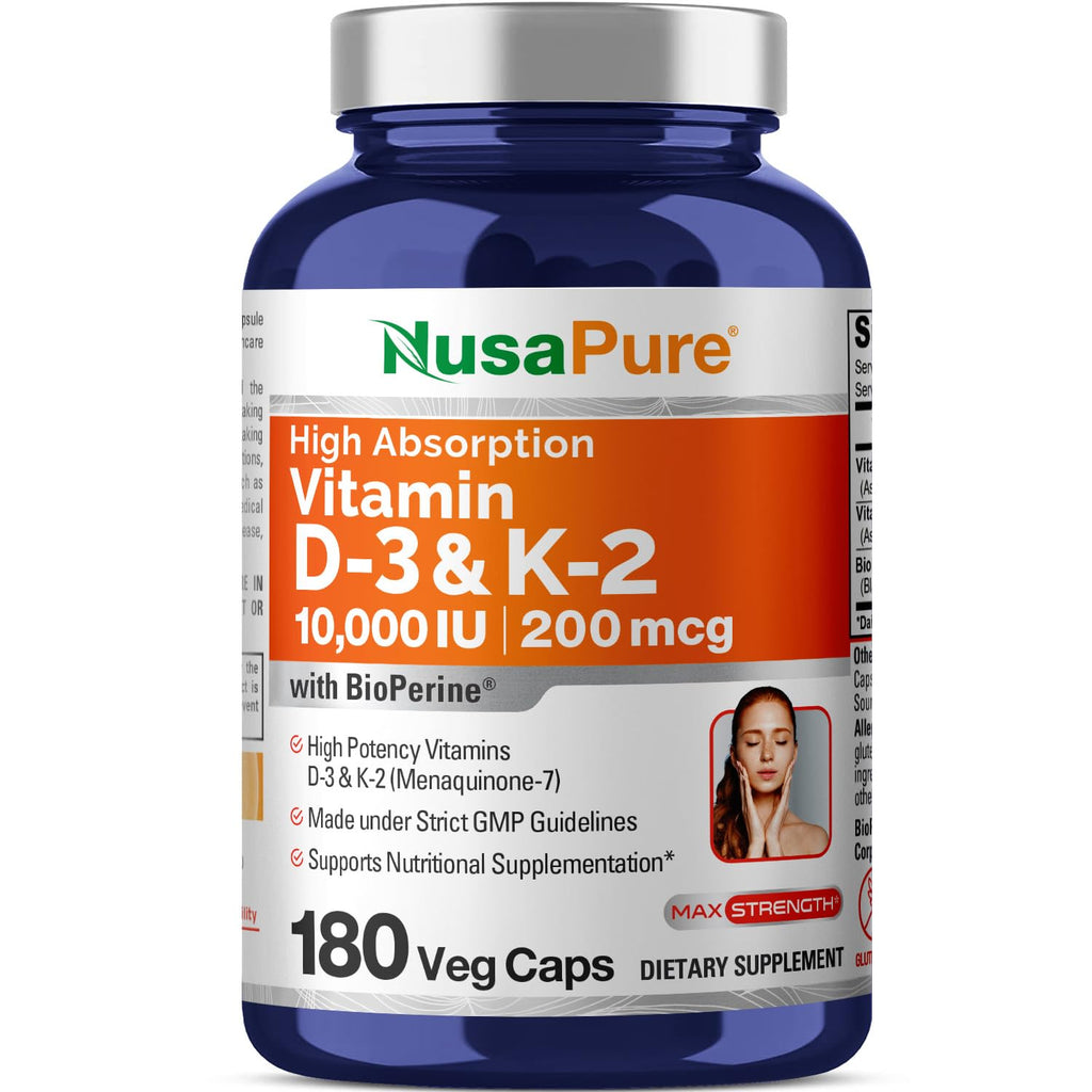 NusaPure Vitamin K2 (MK7) (200mcg) + Vitamin D3 (10000 IU) 180 Veg Caps - Bioperine, Soyfree, Non-GMO NusaPure Au supplements