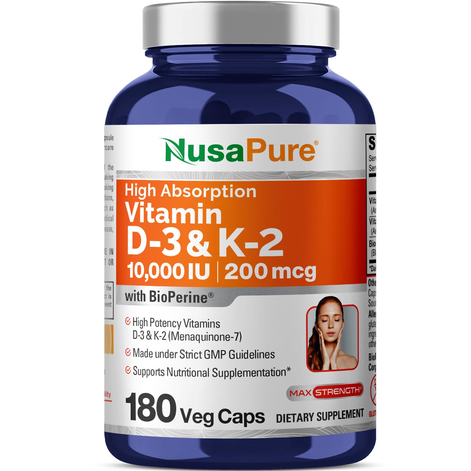 NusaPure Vitamin K2 (MK7) (200mcg) + Vitamin D3 (10000 IU) 180 Veg Caps - Bioperine, Soyfree, Non-GMO NusaPure Au supplements