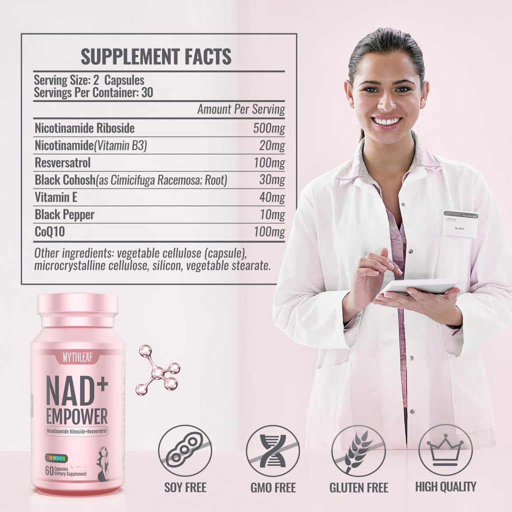 MythLeaf Exclusive NAD+ Supplement for Women,NMN Alternative with Resveratrol, CoQ10,Black Cohosh, Vitamin E for Cellular Health,Enhance Energy, Balance Mood, 60 Capsules,30 Day Supply MythLeaf Au supplements