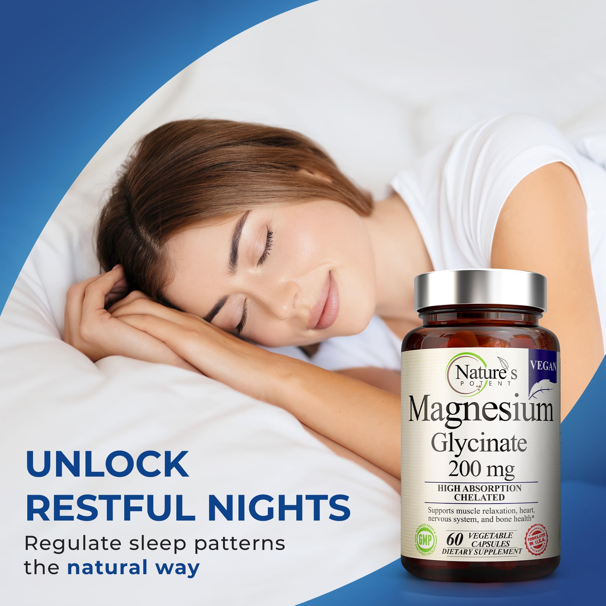 Nature’s Potent Magnesium Glycinate 200mg | High Absorption Chelated Magnesium | Sleep, Calm & Muscle Cramp Support | Vegan Supplement | 60 Capsules Nature's Potent Au supplements