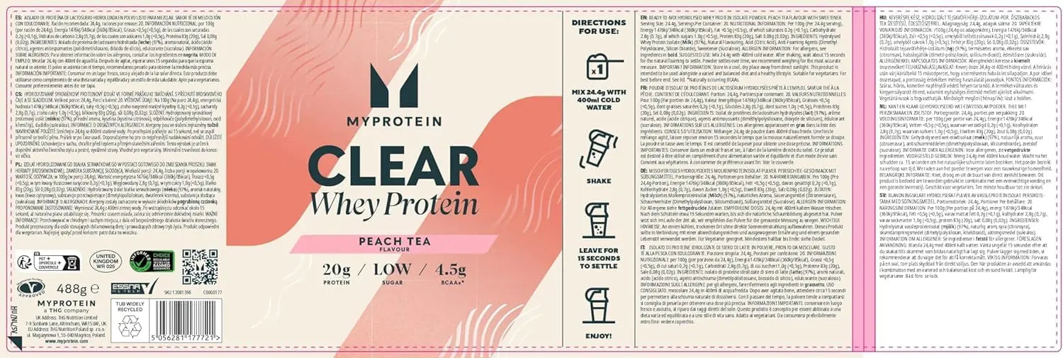 Myprotein Clear Whey Isolate Protein Powder - Peach Tea - 488g - 20 Servings Myprotein Au supplements