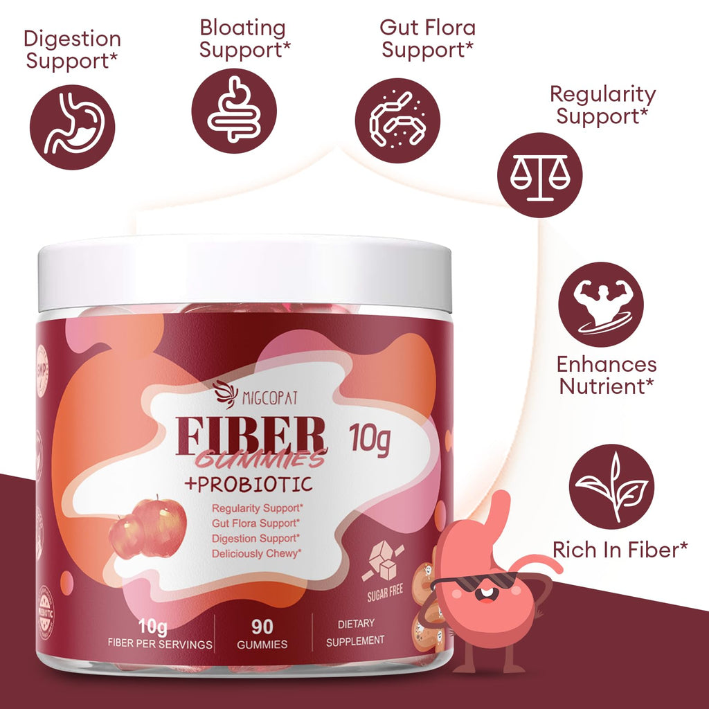Migcopat Fiber Gummies with Probiotics,10G Fiber per Serving No Sugar Added Apple Flavor, with 10 Billion CFU Probiotics Blend, Apple Cider Vinegar,