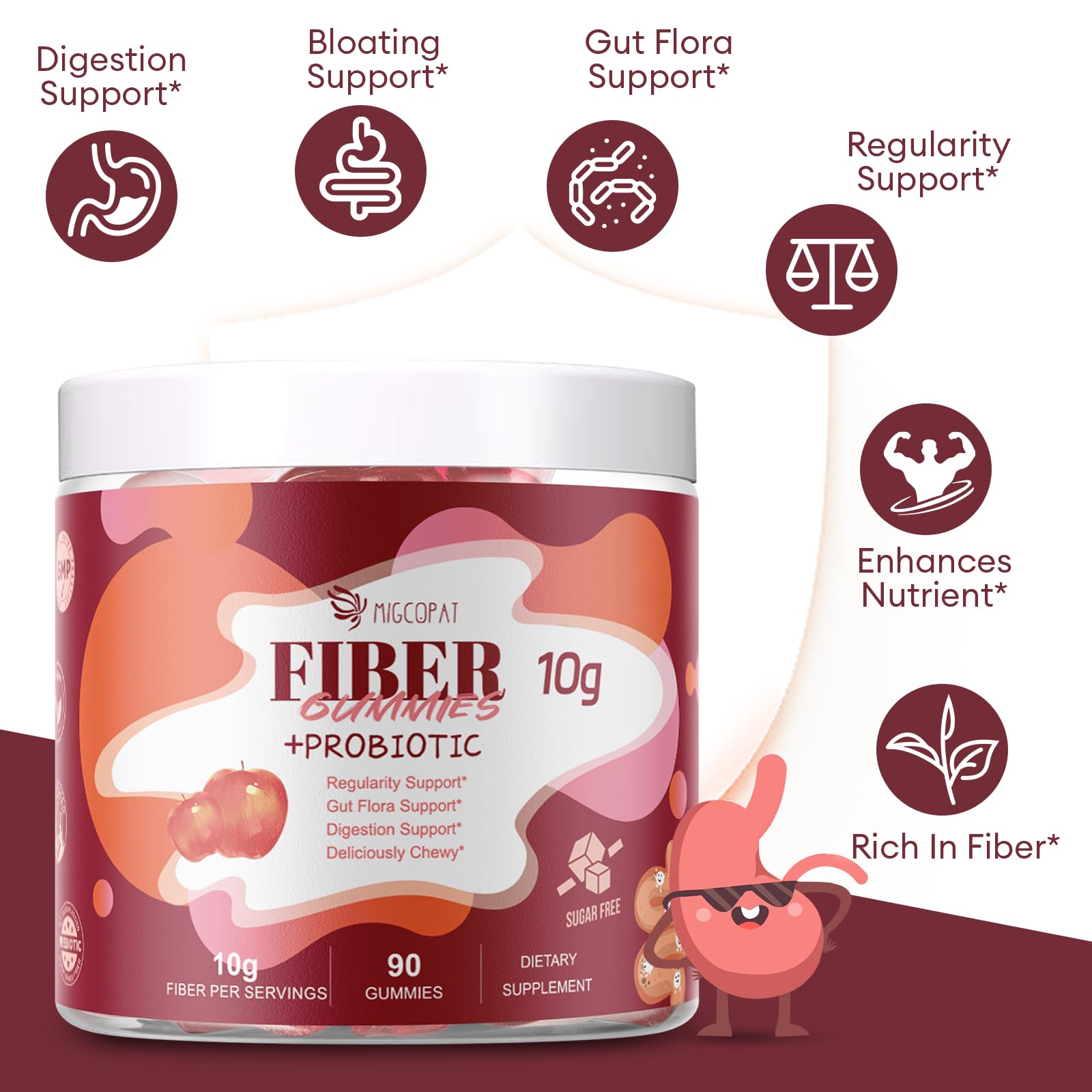 Migcopat Fiber Gummies with Probiotics,10G Fiber per Serving No Sugar Added Apple Flavor, with 10 Billion CFU Probiotics Blend, Apple Cider Vinegar,