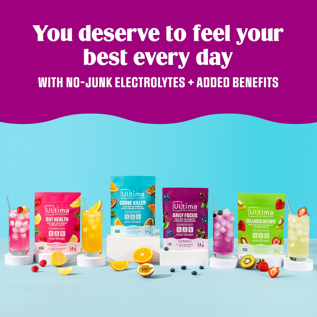 Ultima Replenisher Daily Focus Supplement & Electrolytes Powder - Acai Blueberry, 14 Stickpacks - Hydration Packets, 60mg Caffeine from Green Tea Extract & L-Theanine