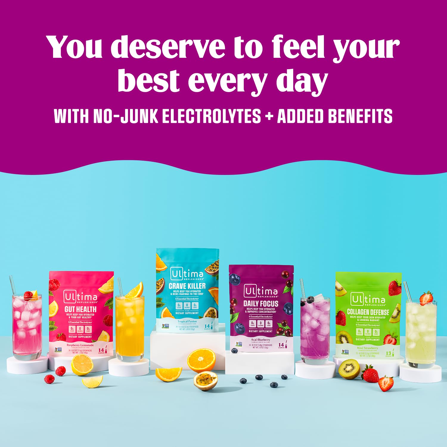 Ultima Replenisher Daily Focus Supplement & Electrolytes Powder - Acai Blueberry, 14 Stickpacks - Hydration Packets, 60mg Caffeine from Green Tea Extract & L-Theanine