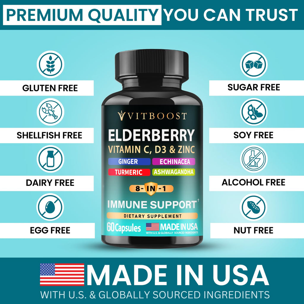 Elderberry Immune Support Supplement 8-in-1 Formula with Echinacea, Vitamin C & Zinc, Vitamin D 5000 IU, Turmeric, Ginger, Ashwagandha – 60 Capsules