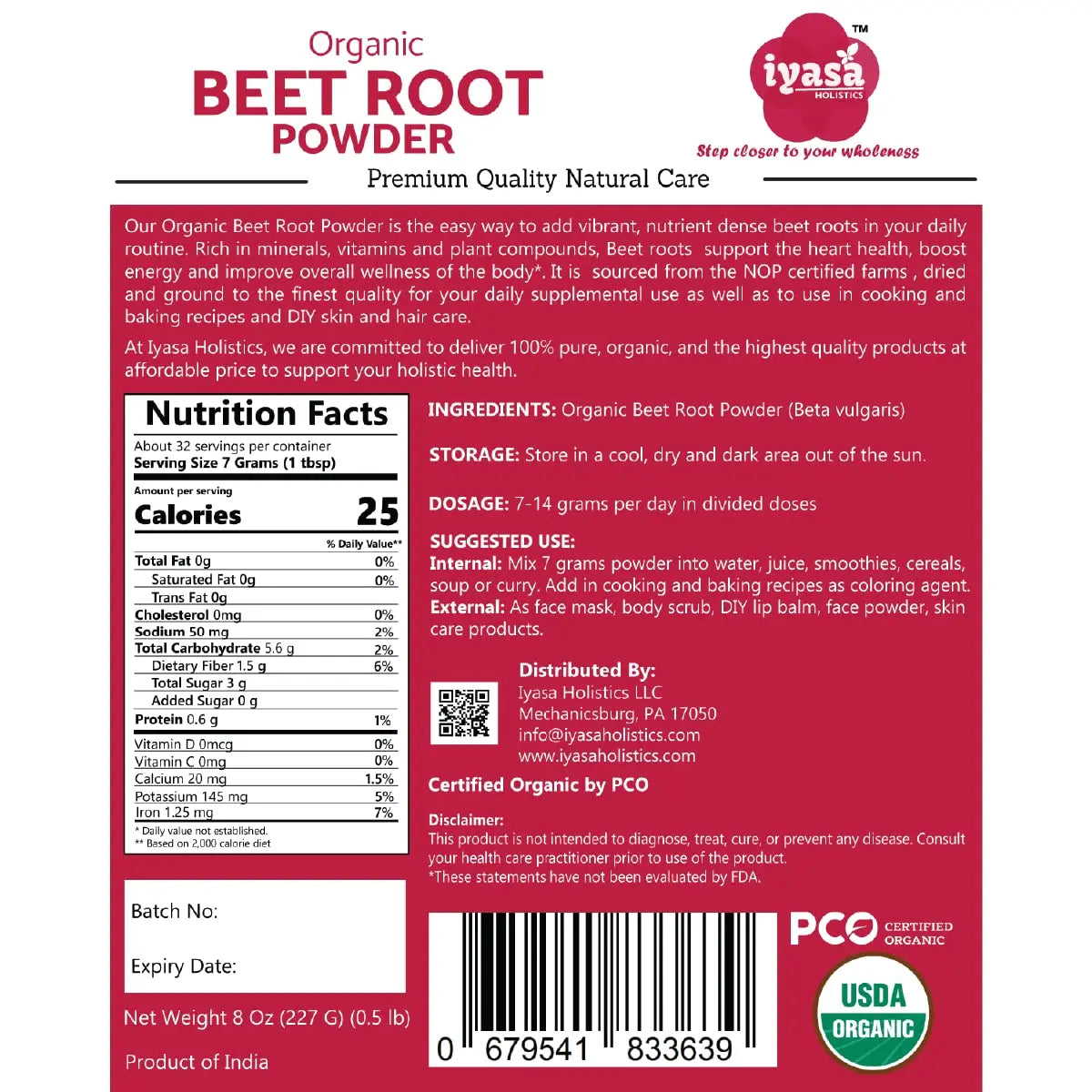 Iyasa Organic Beet Root Powder, Plant Based, Vegan, Gluten-Free, Beetroot Superfood Iyasa Holistics Au supplements