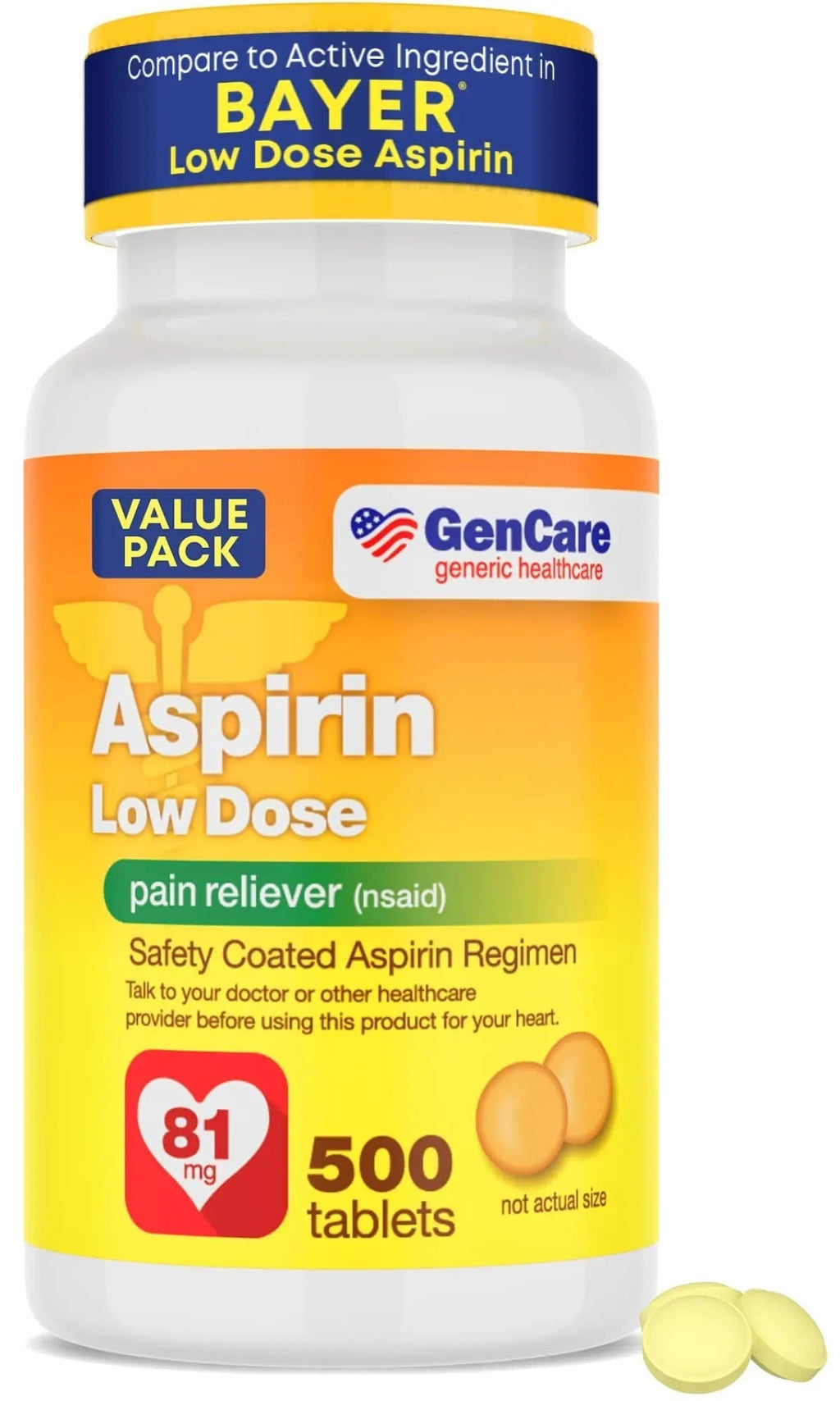 GenCare - Low Dose Aspirin 81mg for Adults Coated (NSAID) 500 Tablets | Adult Low Dose | Enteric Coated Aspirin Pills | Muscle Pain & Menstrual Pain Relief | Fever Reducer | Generic Bayer GenCare Au supplements