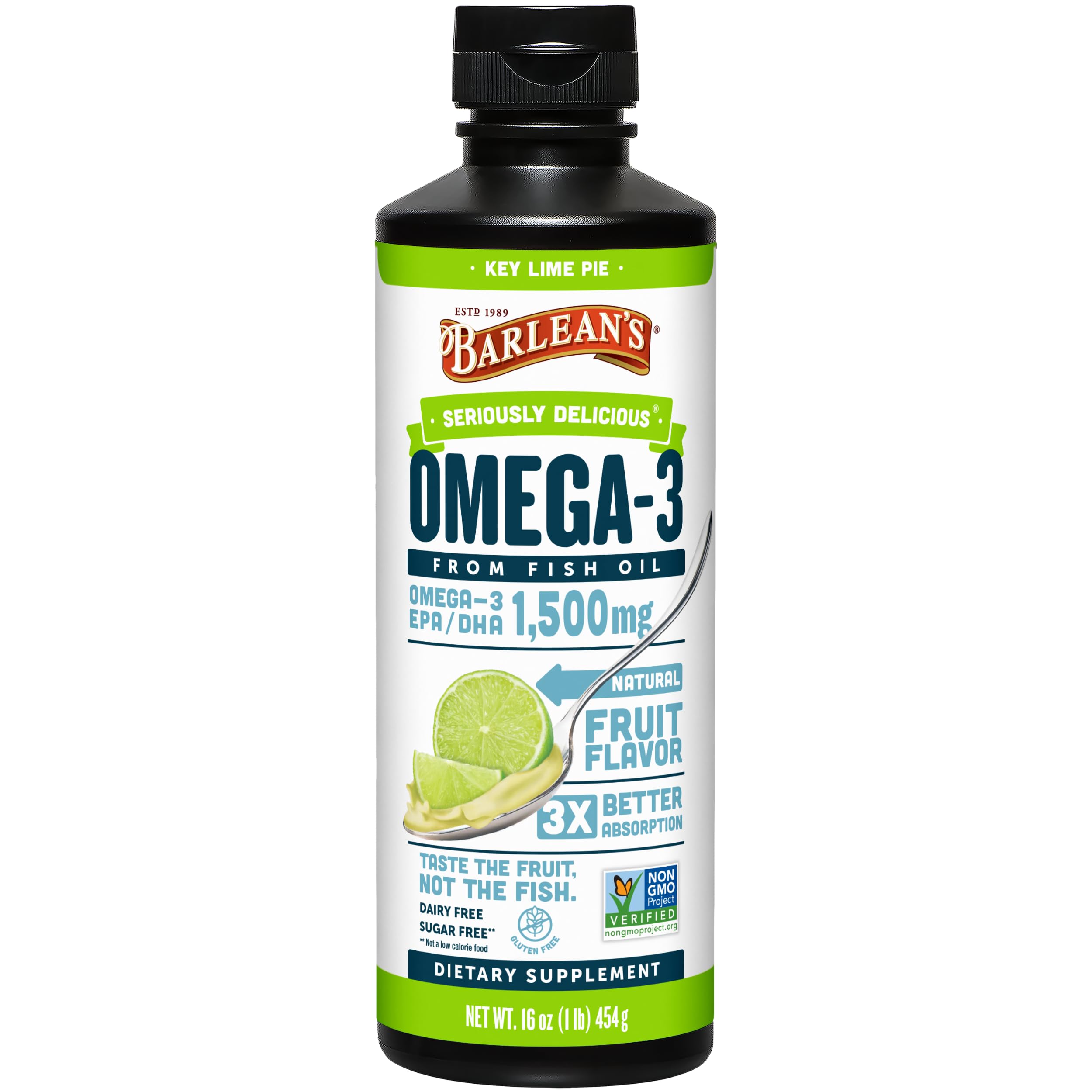 Barlean's Omega 3 Fish Oil Liquid Supplement for Men and Women, 1500mg of EPA and DHA Fatty Acid, Promotes Brain & Heart Health