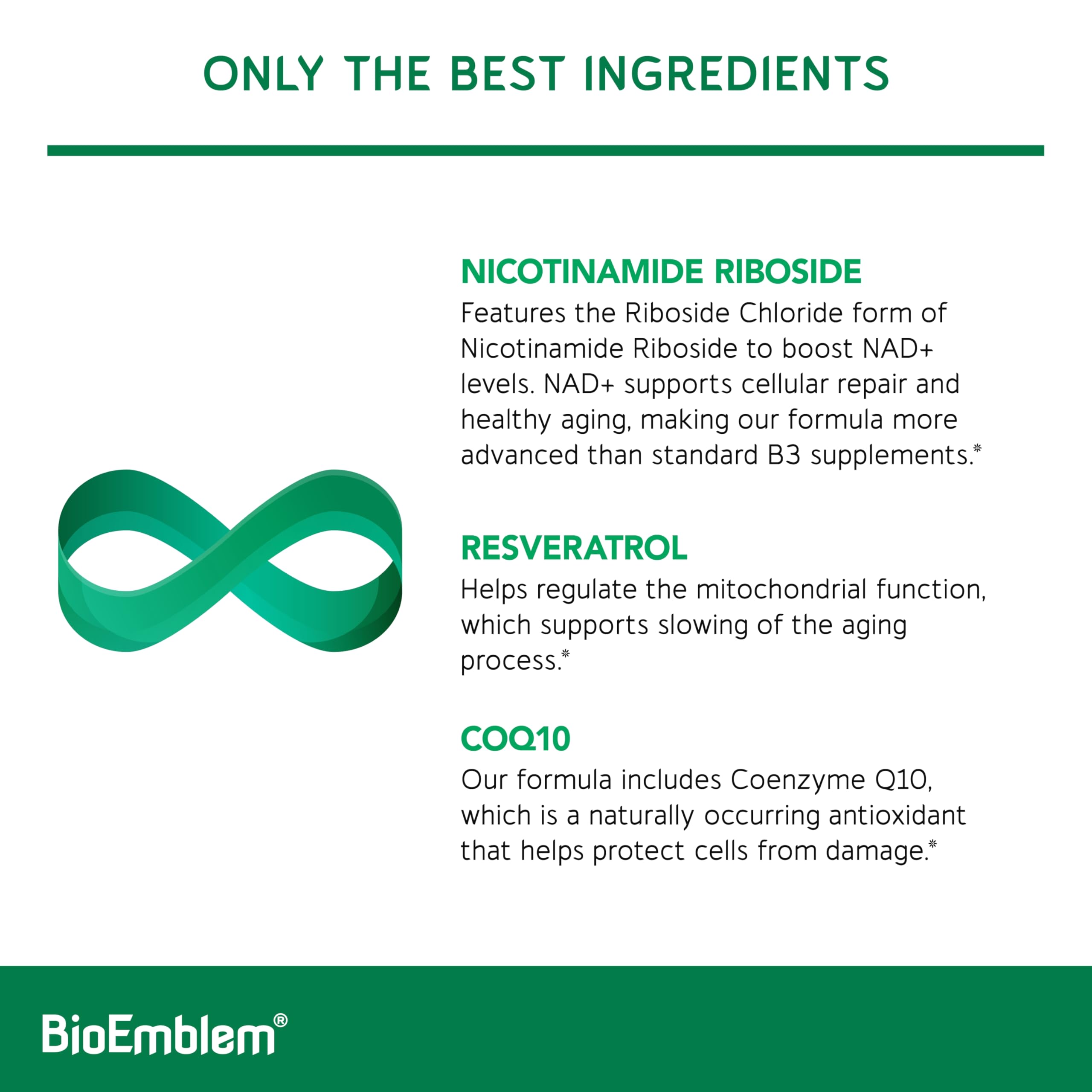 BioEmblem NAD+ Supplement | 300 mg Nicotinamide Riboside with CoQ10 & Resveratrol | Supports Healthy Aging, Cellular Energy and Cognitive Function | Non-GMO, Gluten Free - 45 Capsules BioEmblem Au supplements