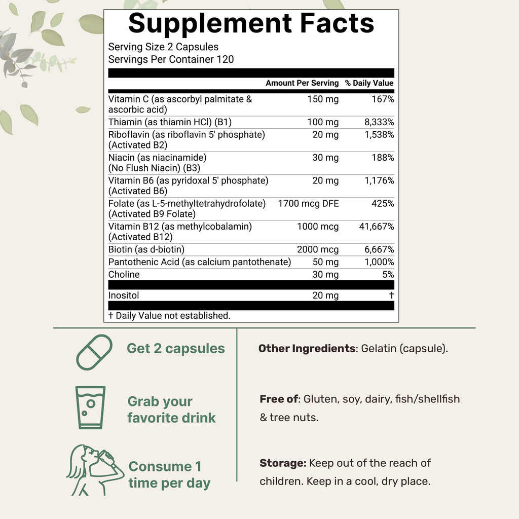 Micro Ingredients Pure Methylated B Complex, 240 Capsules | 11-in-1 Formula with Methylfolate, B12, Thiamin, Inositol, Choline, & Fat Soluble Vitamin C