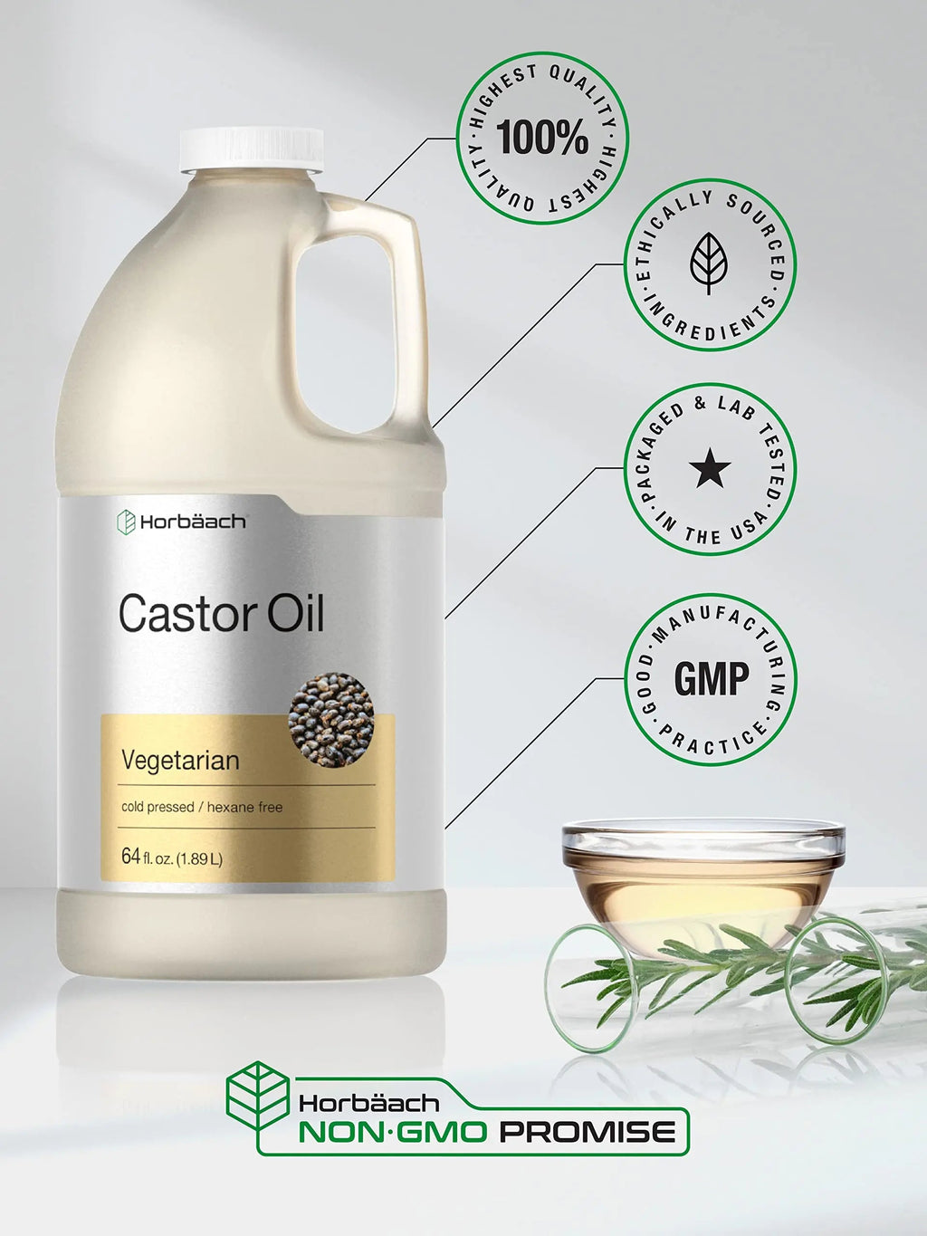 Castor Oil 64oz | for Hair Health, Eyelashes & Eyebrows | Hexane Free & Cold Pressed Horbäach Au supplements