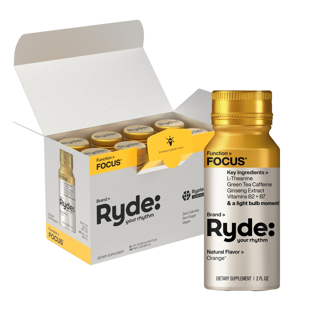 Ryde: Focus Shot | Orange Flavor | L-Theanine & Ginseng | Green Tea Caffeine | Vitamins B2 & B7 | 0 Calories, 0 Sugar | 2 FL OZ Shots | Supports Focus* (8 Pack) RYDE Au supplements